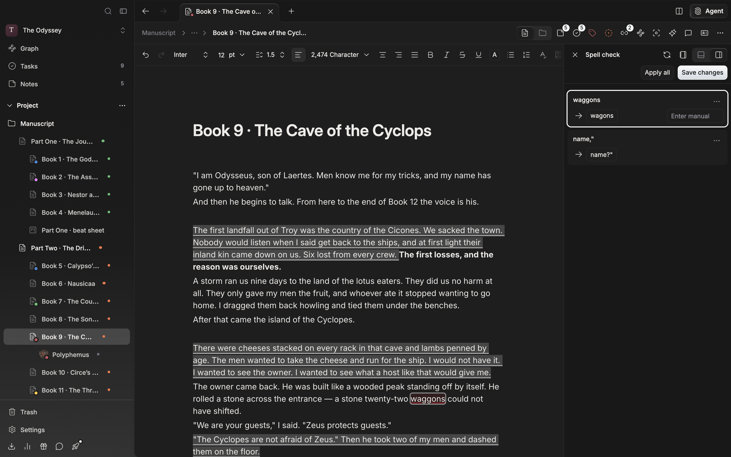 Just after checking a manuscript. Four or five error cards stacked in the Spell check panel on the right, with the Apply all and Save changes buttons on the row above.