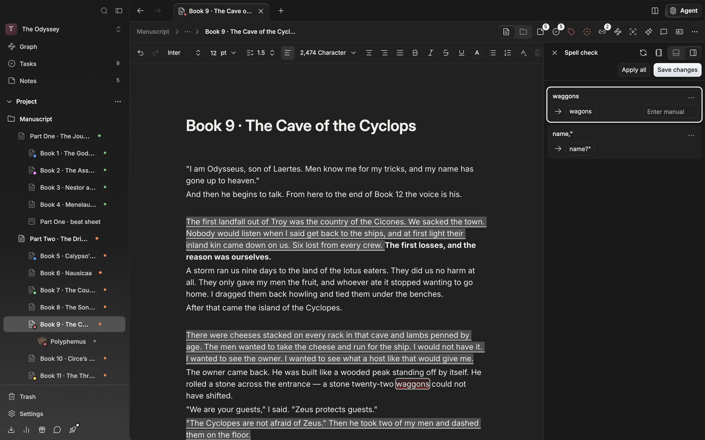Just after checking a manuscript. Four or five error cards stacked in the Spell check panel on the right, with the Apply all and Save changes buttons on the row above.