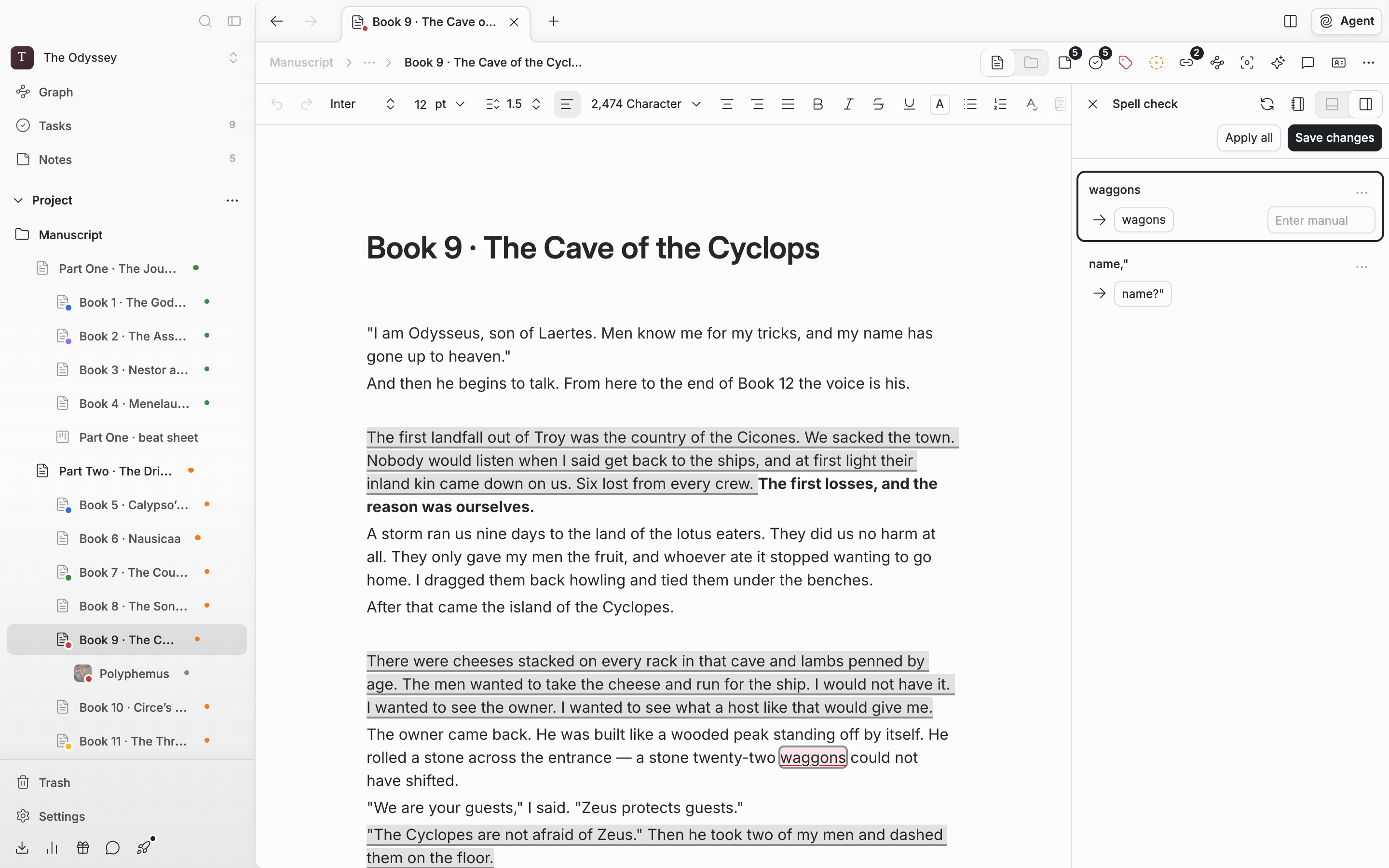 Just after checking a manuscript. Four or five error cards stacked in the Spell check panel on the right, with the Apply all and Save changes buttons on the row above.