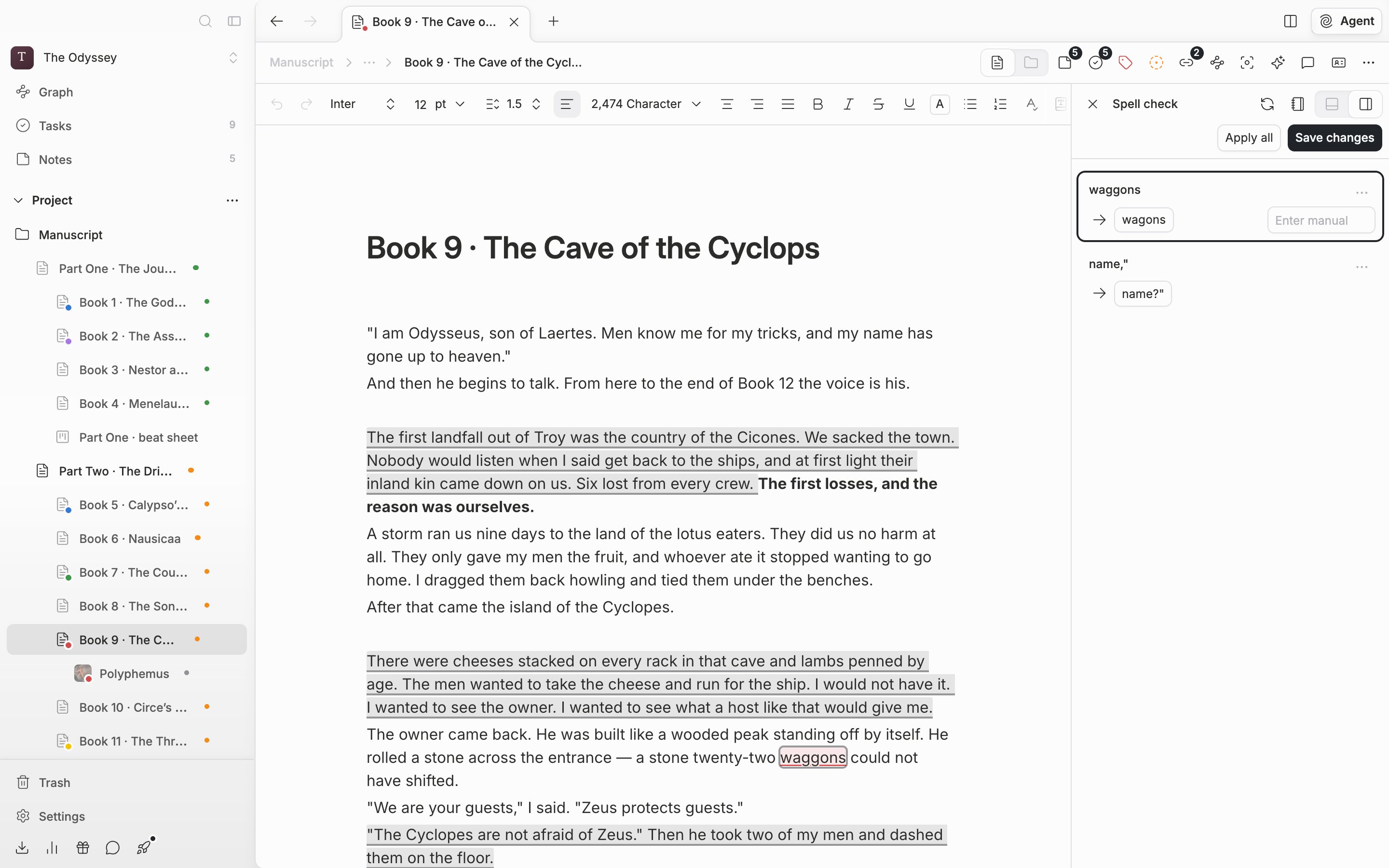 Just after checking a manuscript. Four or five error cards stacked in the Spell check panel on the right, with the Apply all and Save changes buttons on the row above.
