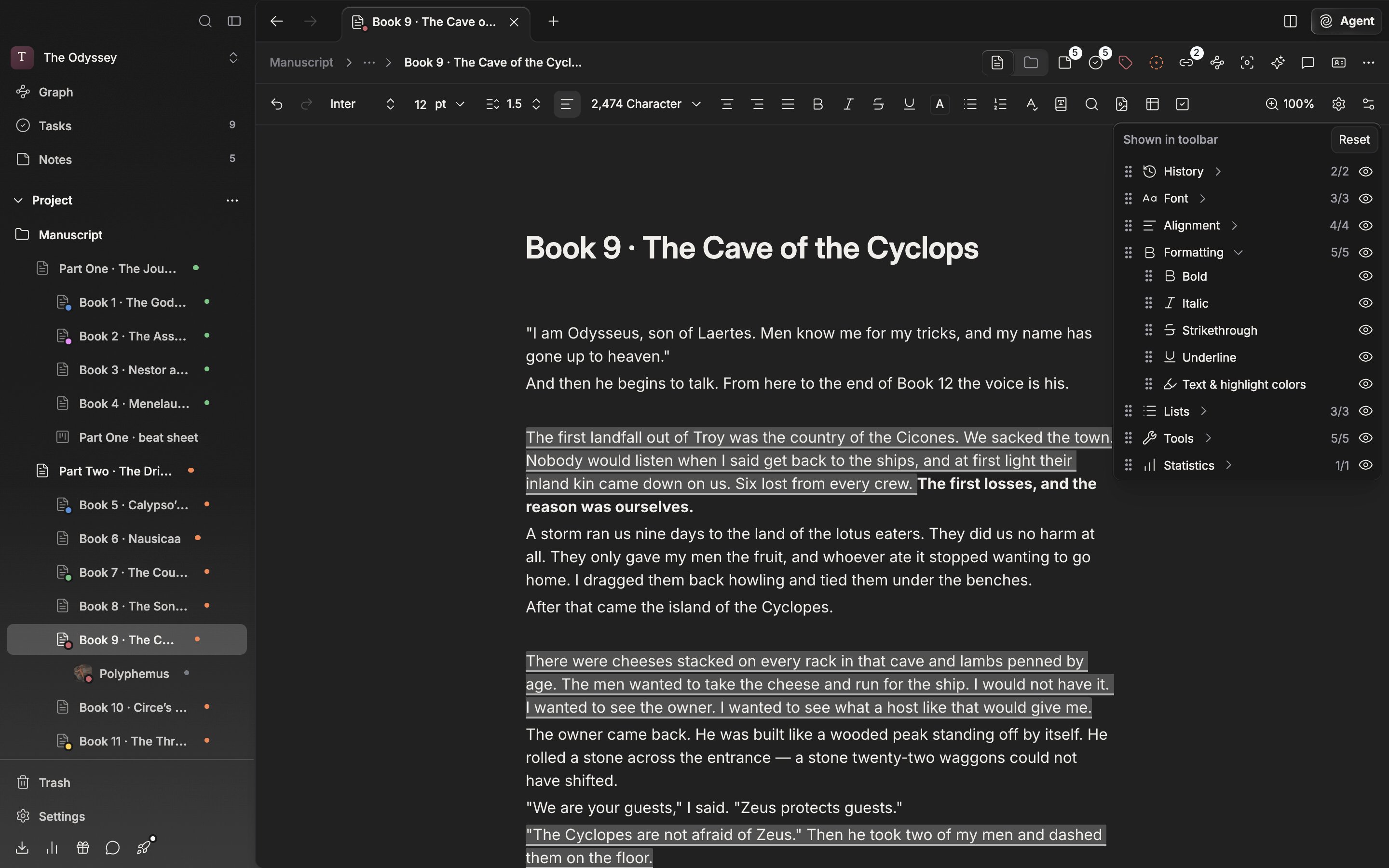 The popover opened from the slider-shaped button at the far right of the toolbar (Customize Toolbar). All seven groups are visible, one of them expanded to show the per-item eye icons, with at least one “Hidden from toolbar” section below.