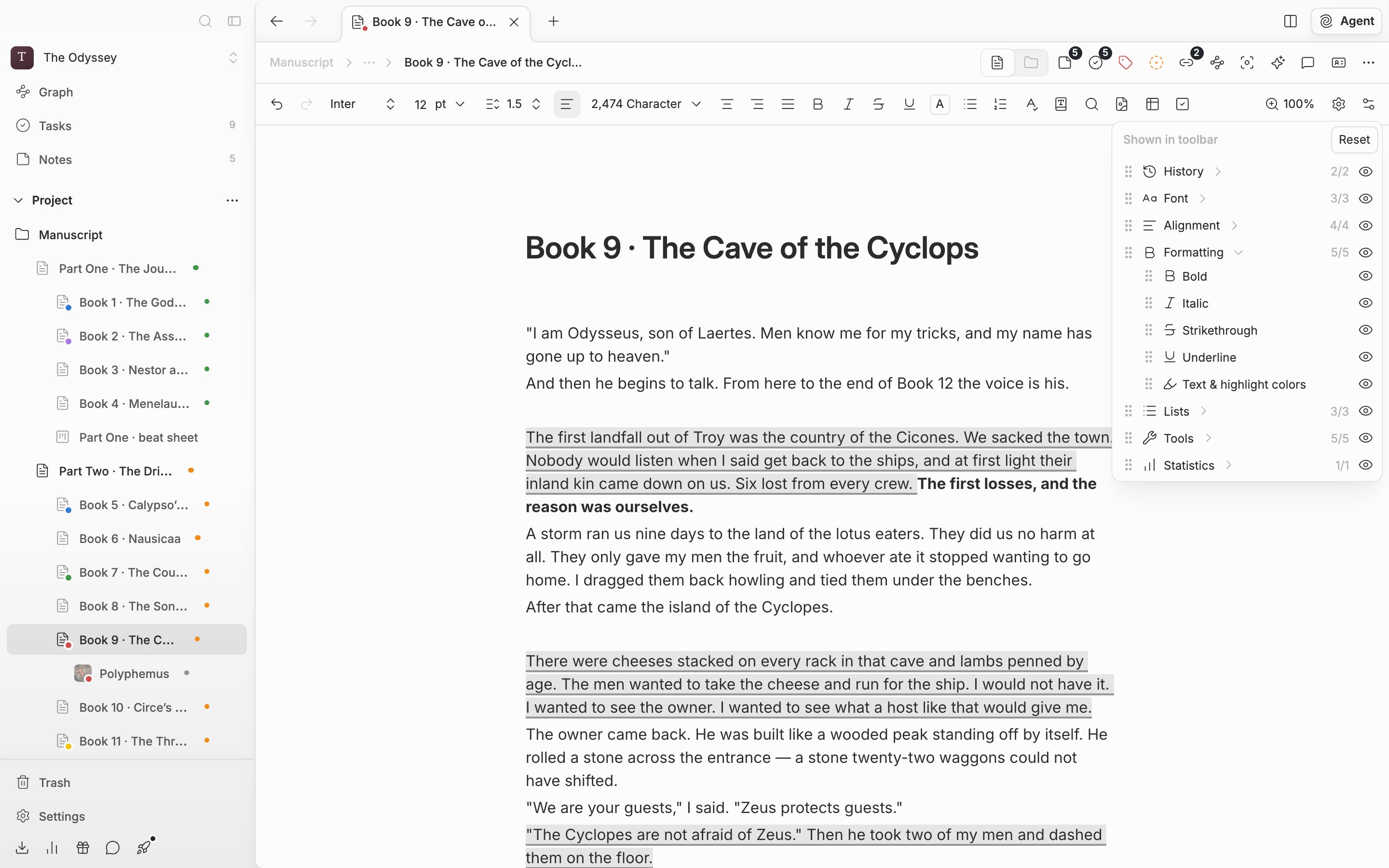 The popover opened from the slider-shaped button at the far right of the toolbar (Customize Toolbar). All seven groups are visible, one of them expanded to show the per-item eye icons, with at least one “Hidden from toolbar” section below.