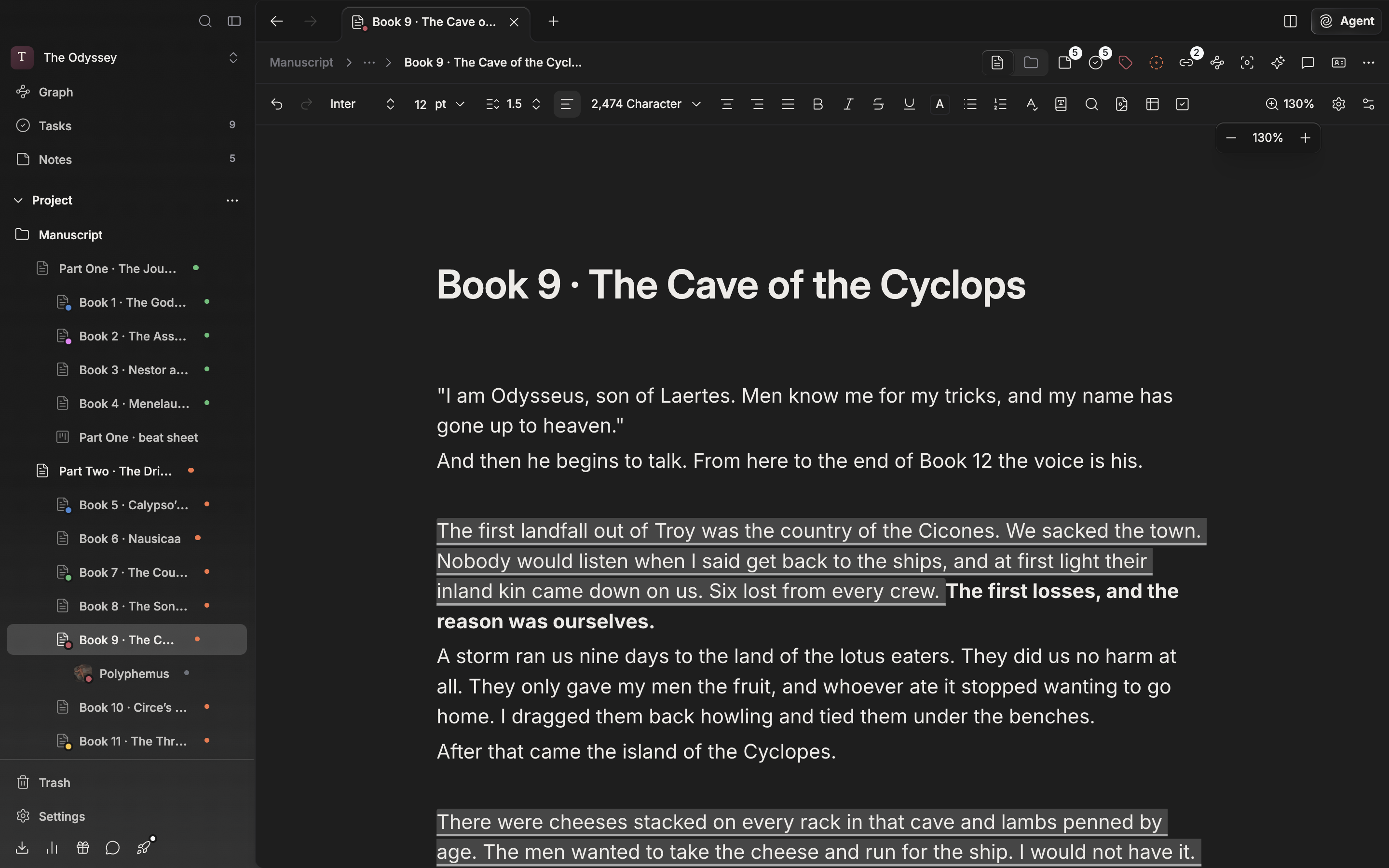 The popover opened from the zoom button at the right of the formatting toolbar (the one with the zoom number on it). −, the zoom number, and + are visible, and the body is enlarged to something other than 100% (130%, say).
