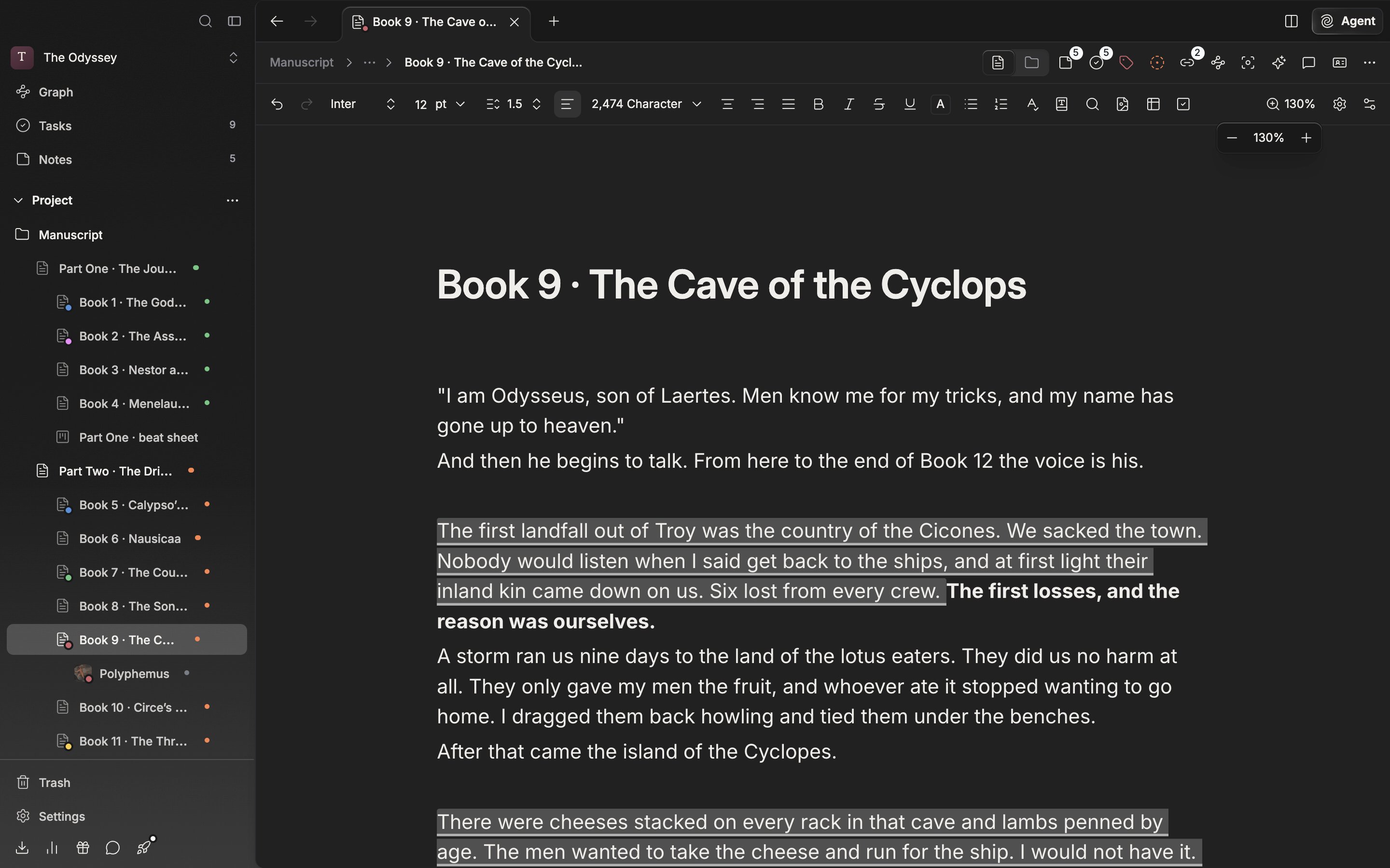 The popover opened from the zoom button at the right of the formatting toolbar (the one with the zoom number on it). −, the zoom number, and + are visible, and the body is enlarged to something other than 100% (130%, say).