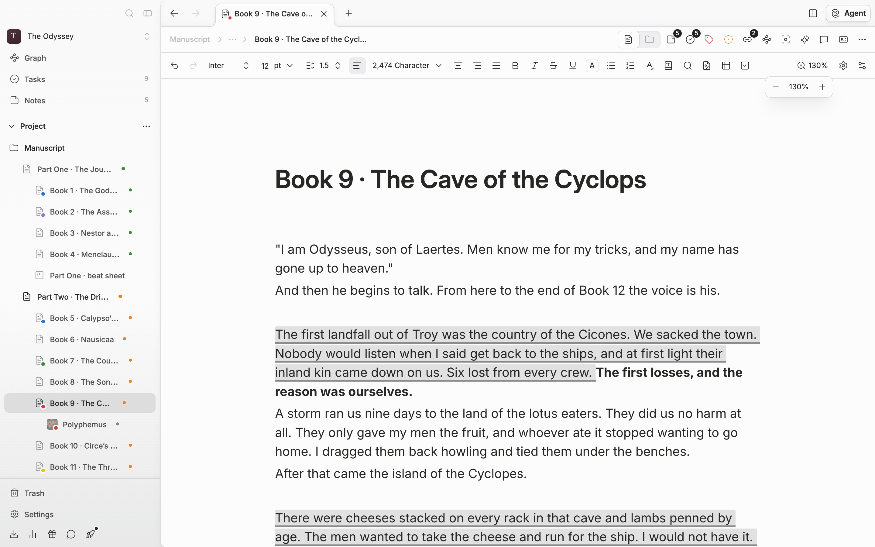 The popover opened from the zoom button at the right of the formatting toolbar (the one with the zoom number on it). −, the zoom number, and + are visible, and the body is enlarged to something other than 100% (130%, say).