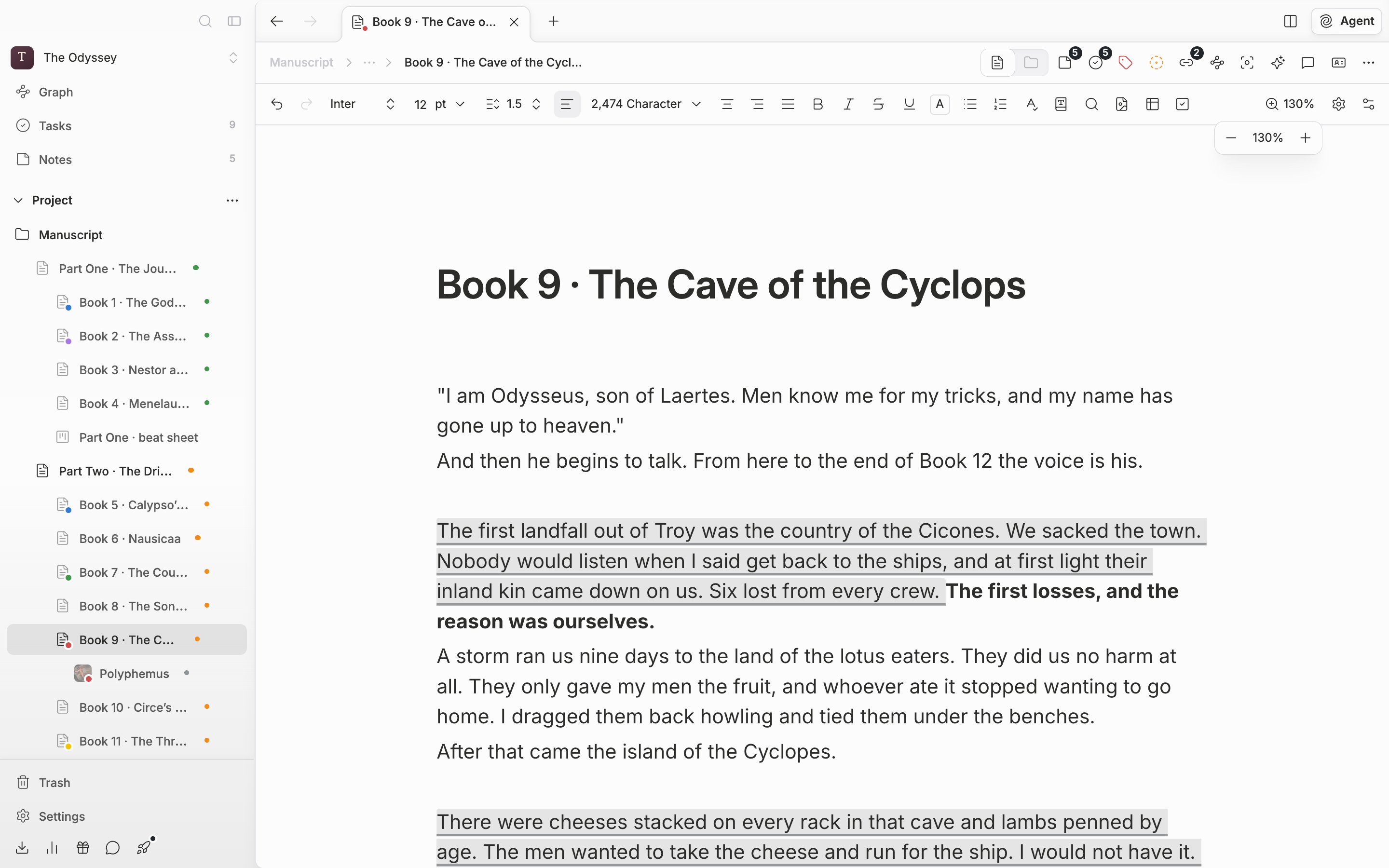 The popover opened from the zoom button at the right of the formatting toolbar (the one with the zoom number on it). −, the zoom number, and + are visible, and the body is enlarged to something other than 100% (130%, say).