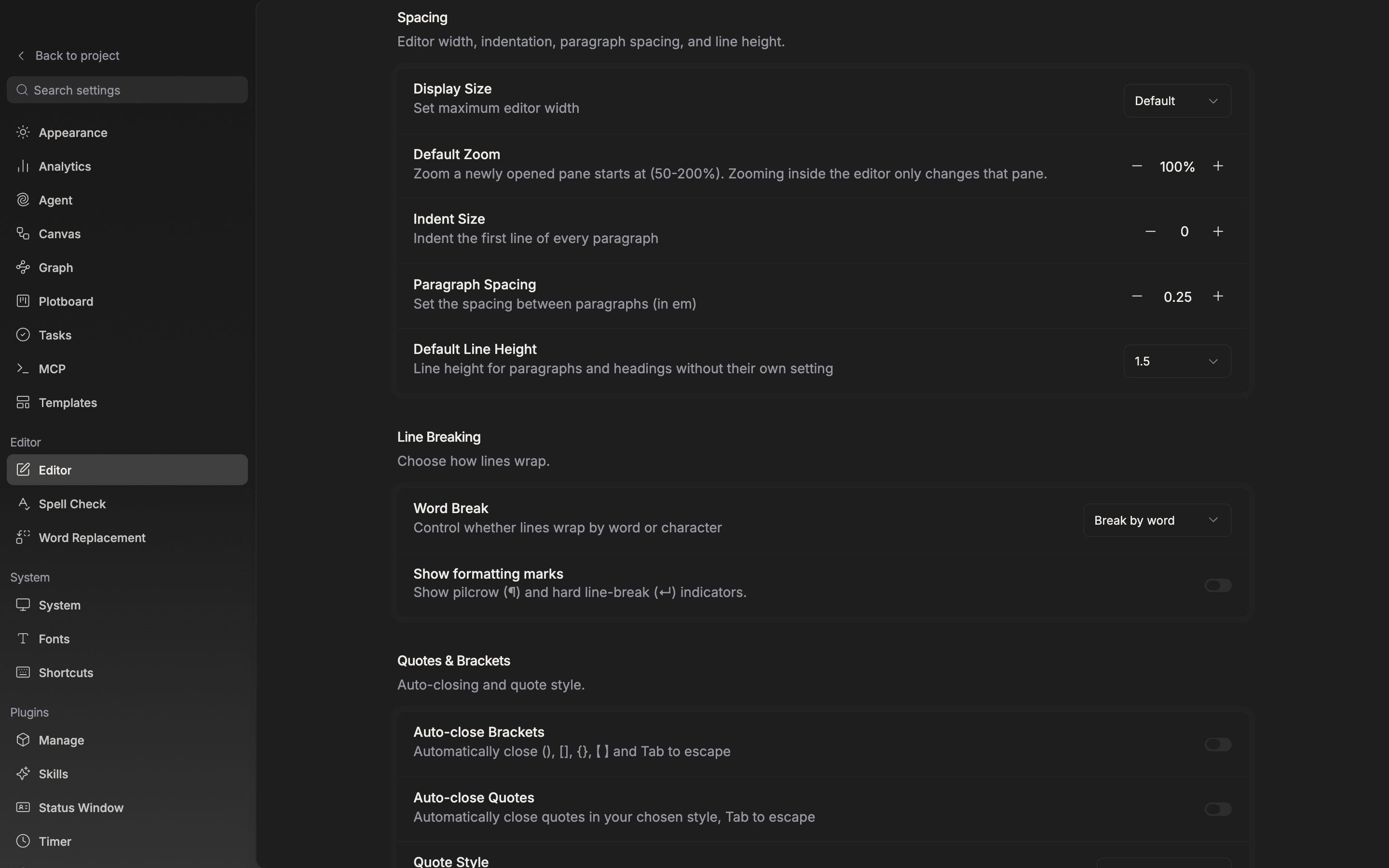 The Editor tab in settings, the “Spacing” section. The Default Zoom row shows −, the zoom number, and +.