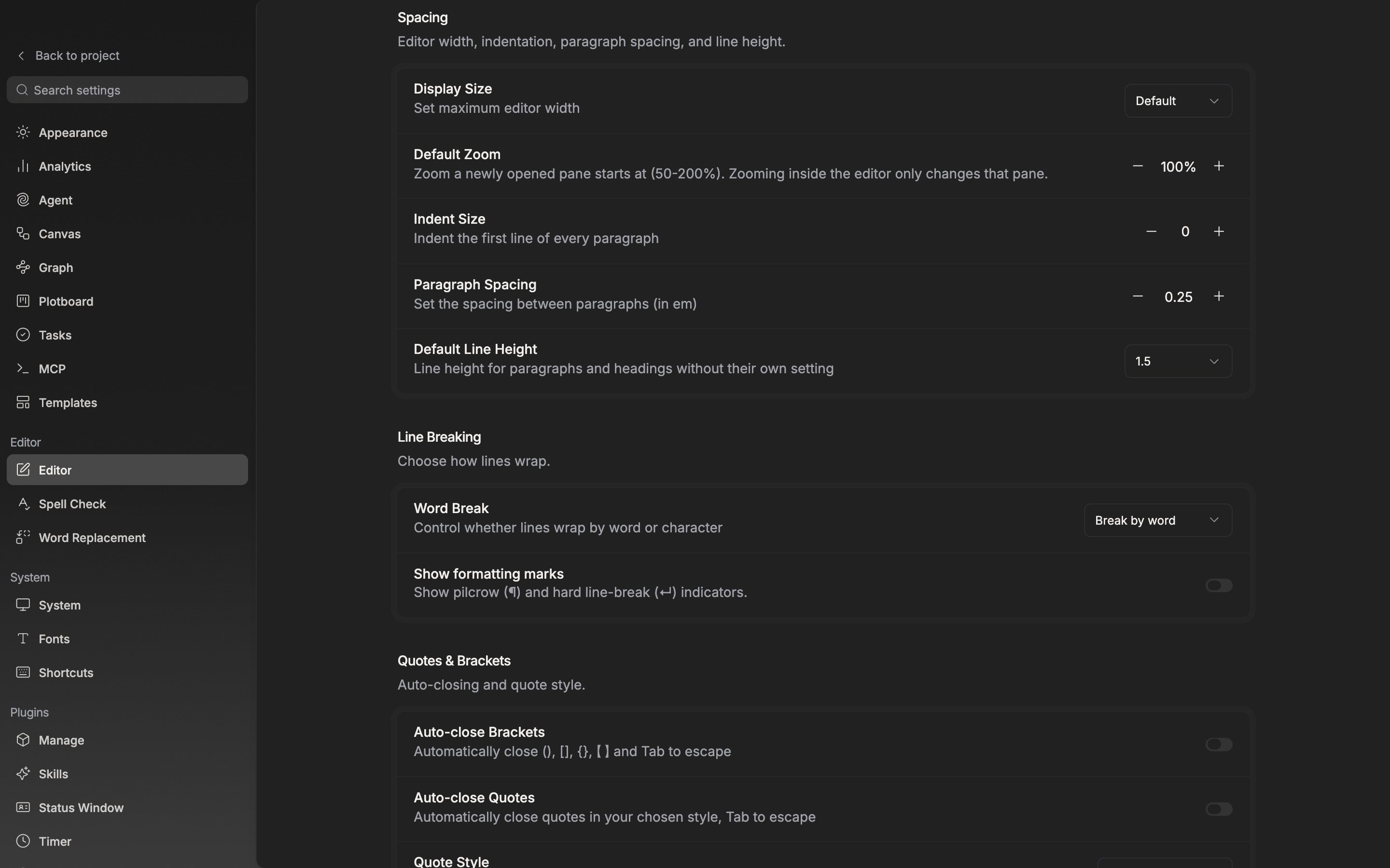 The Editor tab in settings, the “Spacing” section. The Default Zoom row shows −, the zoom number, and +.