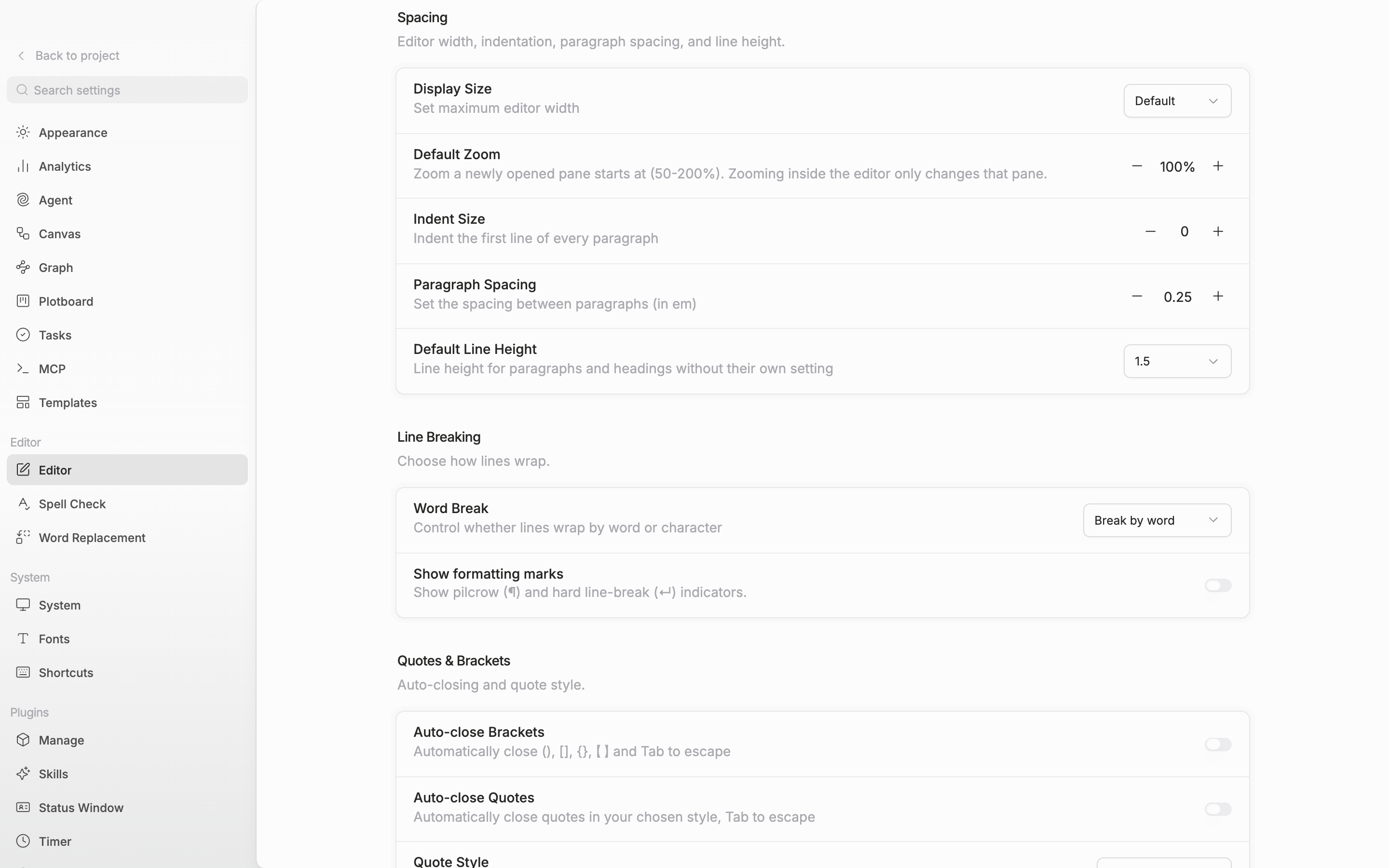 The Editor tab in settings, the “Spacing” section. The Default Zoom row shows −, the zoom number, and +.