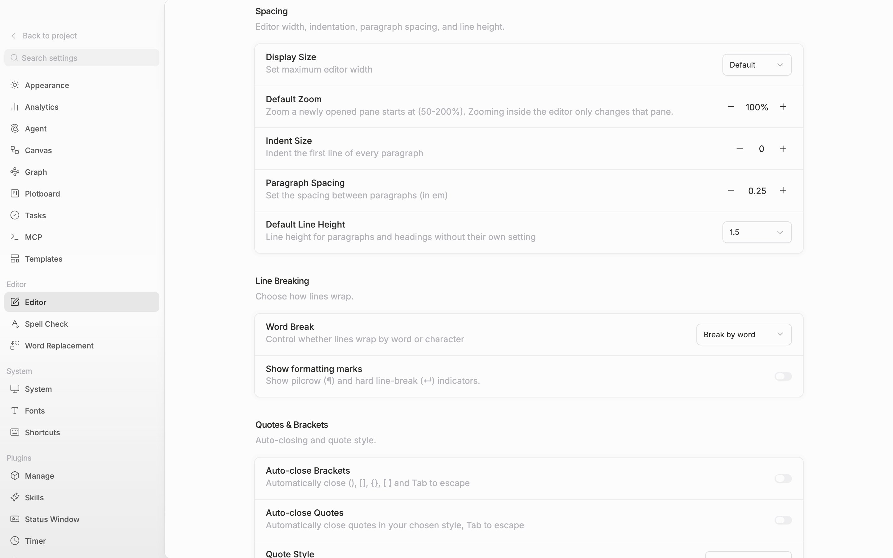 The Editor tab in settings, the “Spacing” section. The Default Zoom row shows −, the zoom number, and +.