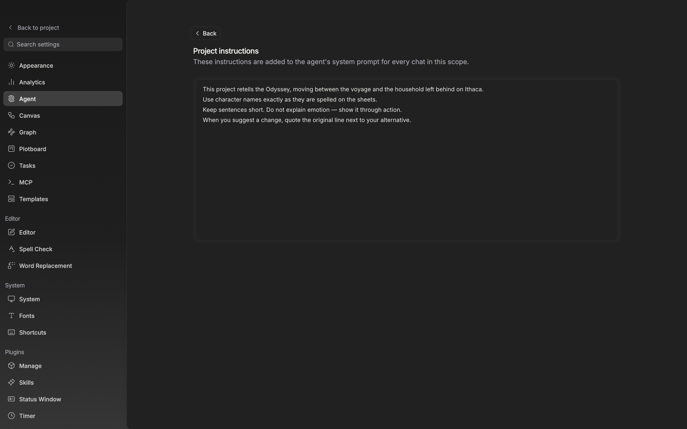 The Edit button on the Instructions row has been pressed to enter the edit screen. The title is Project instructions and three or four lines are written in the body, with the Back button and the title (Project instructions) visible together at the top of the screen.