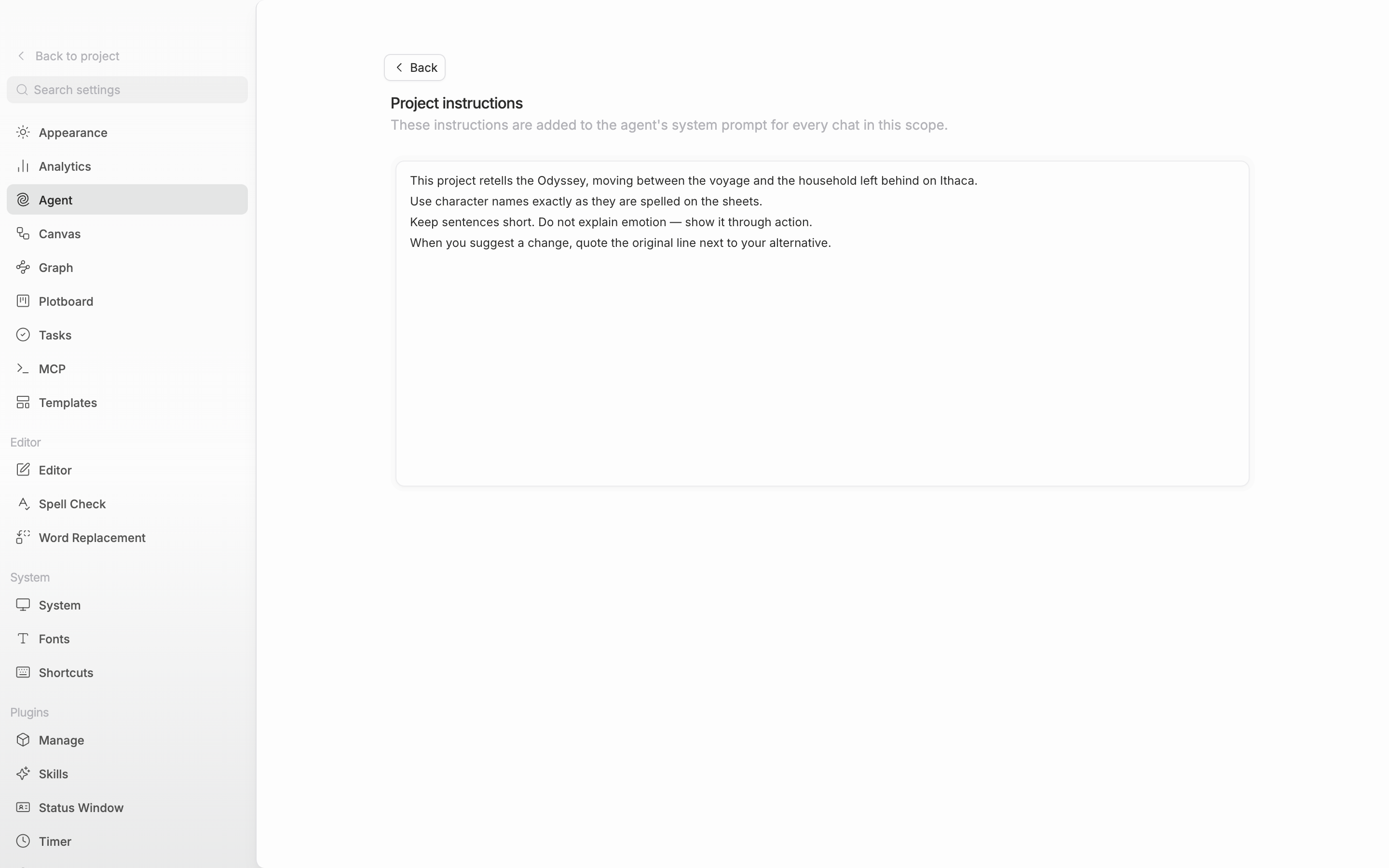 The Edit button on the Instructions row has been pressed to enter the edit screen. The title is Project instructions and three or four lines are written in the body, with the Back button and the title (Project instructions) visible together at the top of the screen.