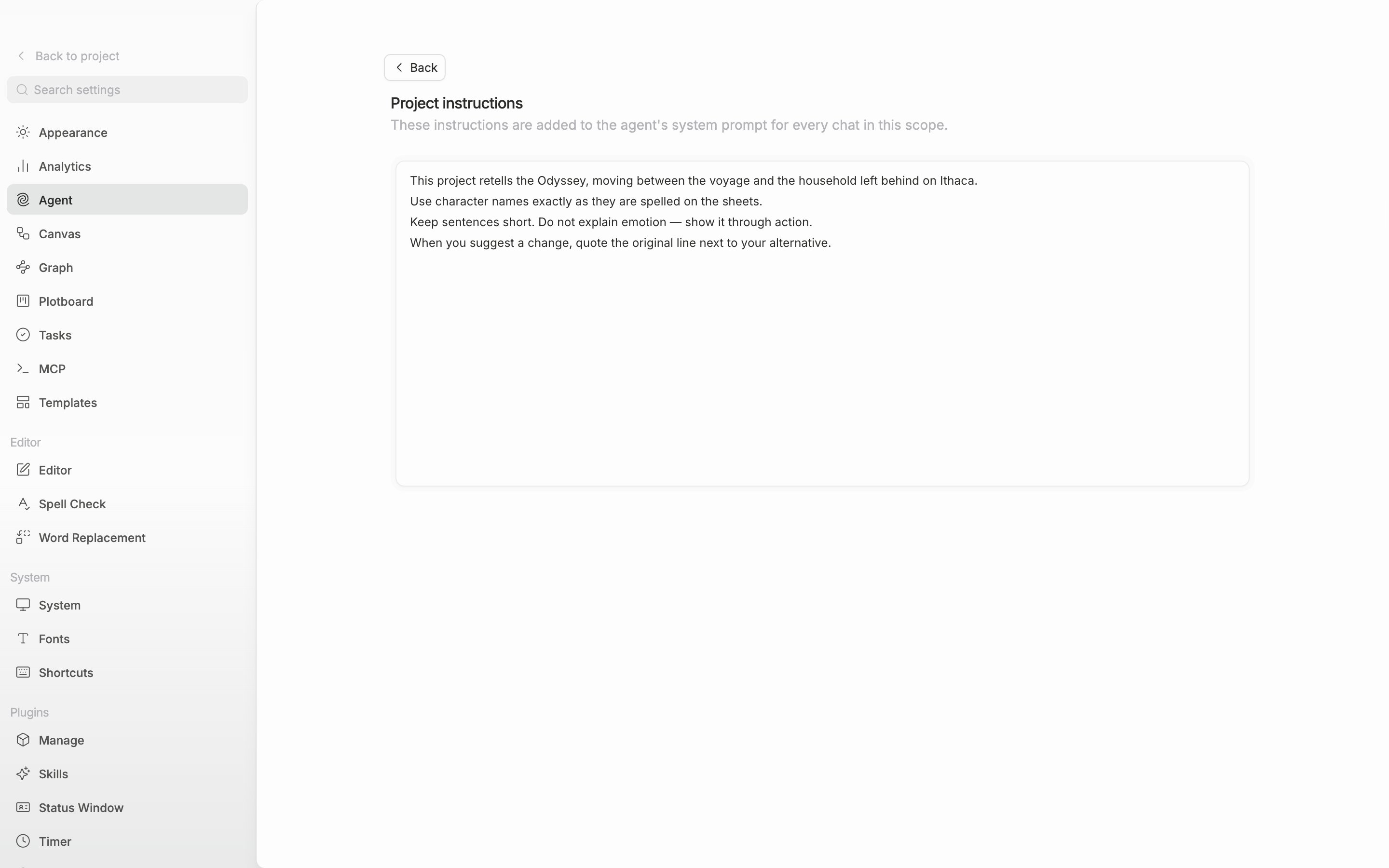 The Edit button on the Instructions row has been pressed to enter the edit screen. The title is Project instructions and three or four lines are written in the body, with the Back button and the title (Project instructions) visible together at the top of the screen.