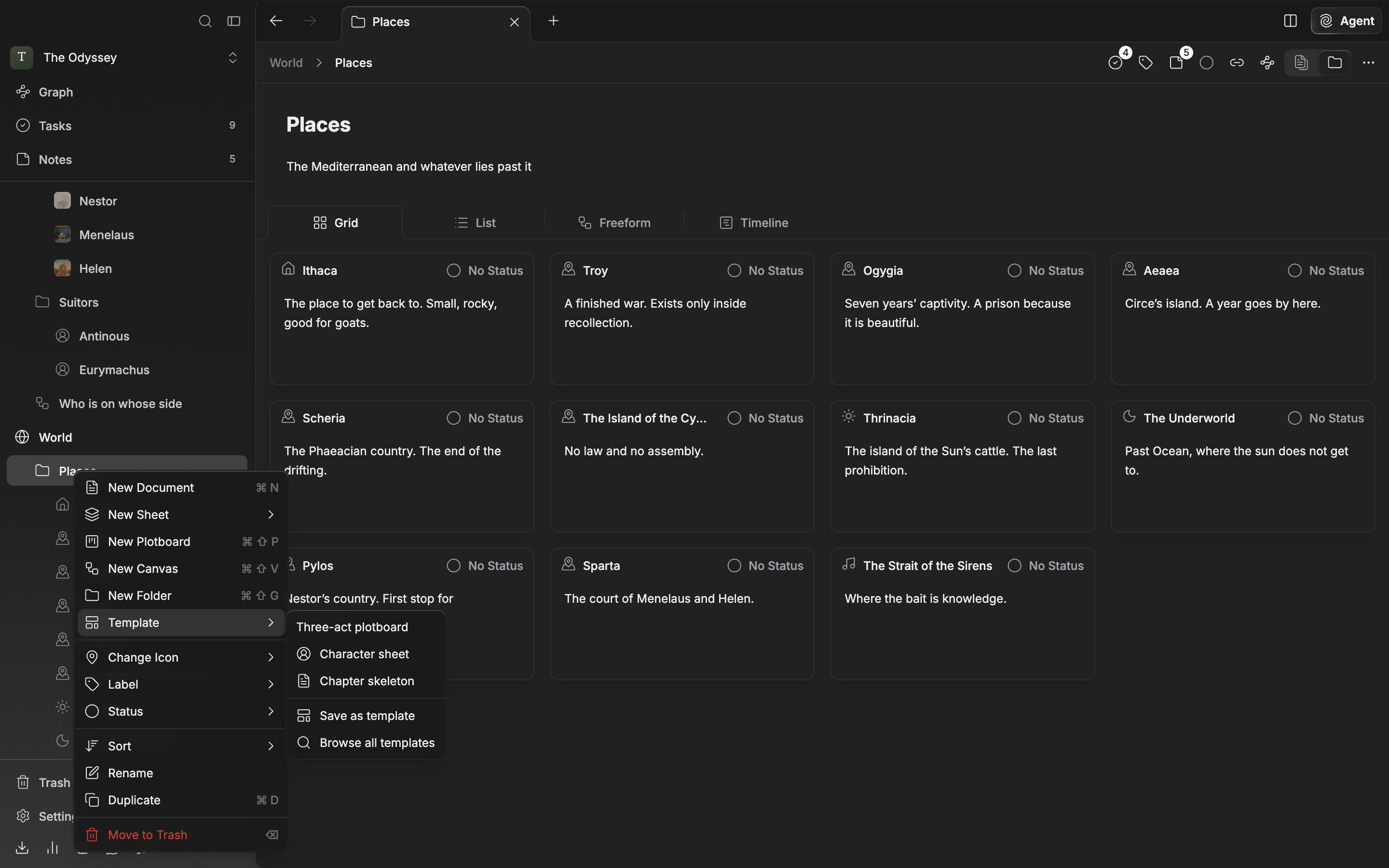 The “Template” submenu is unfolded in the right-click menu of a folder in the left sidebar, showing the names of saved templates with “Save as template” and “Browse all templates” at the bottom.