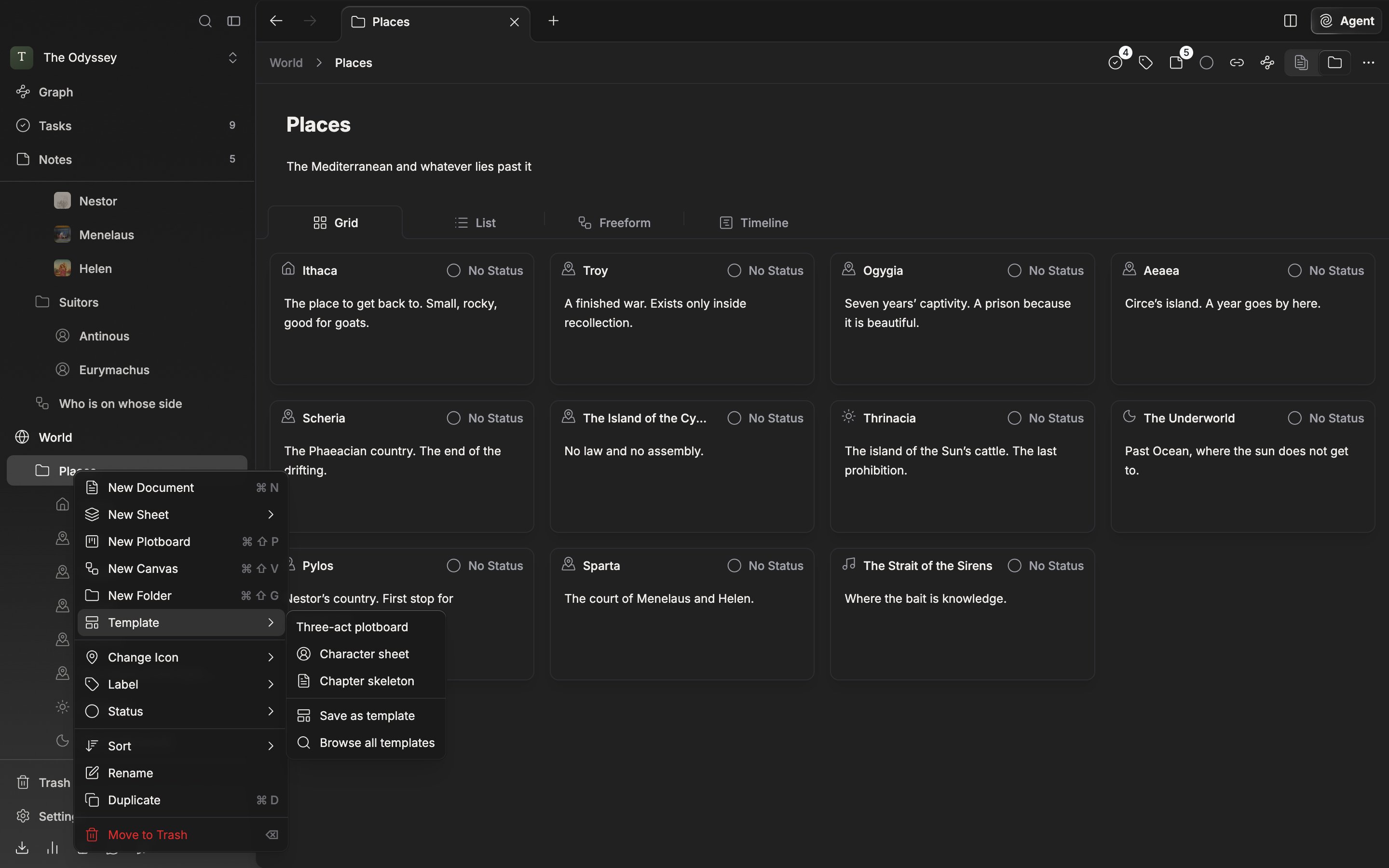 The “Template” submenu is unfolded in the right-click menu of a folder in the left sidebar, showing the names of saved templates with “Save as template” and “Browse all templates” at the bottom.
