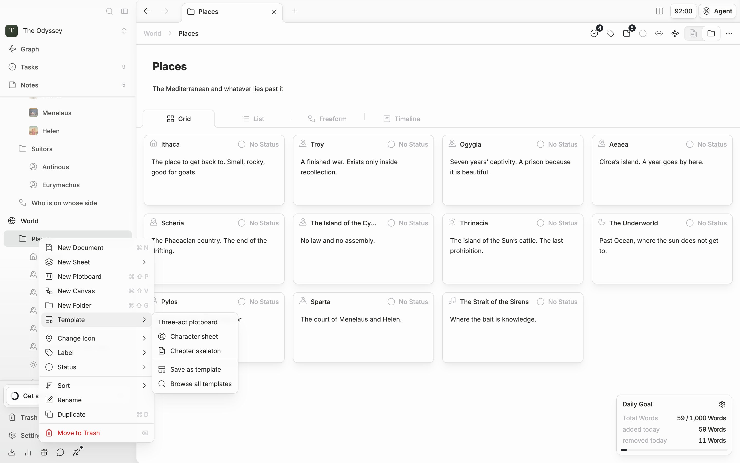 The “Template” submenu is unfolded in the right-click menu of a folder in the left sidebar, showing the names of saved templates with “Save as template” and “Browse all templates” at the bottom.