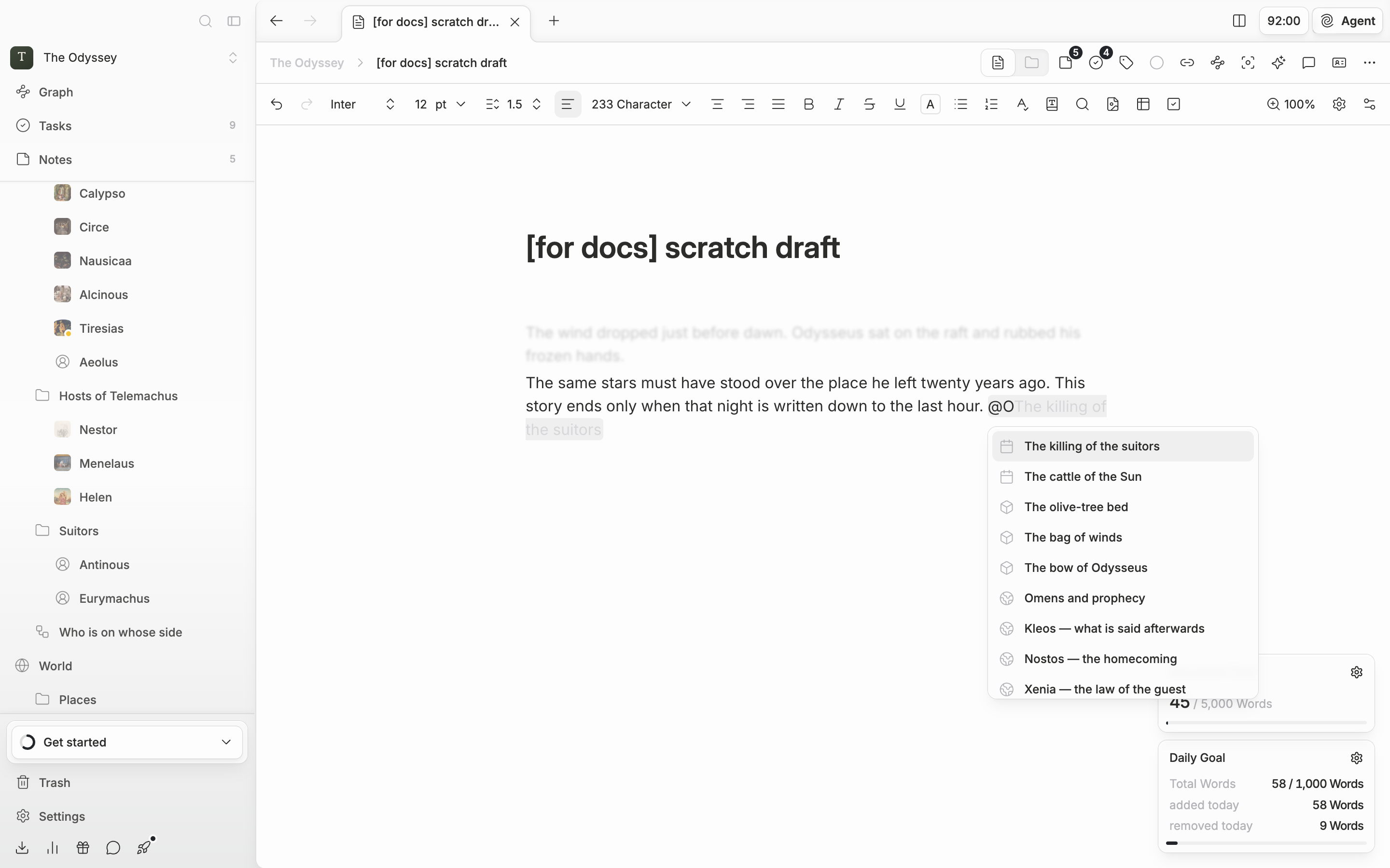 @ has been typed in the body so the file search popup is open, showing the sheet list narrowed by the character name together with the “Create new” group below it.