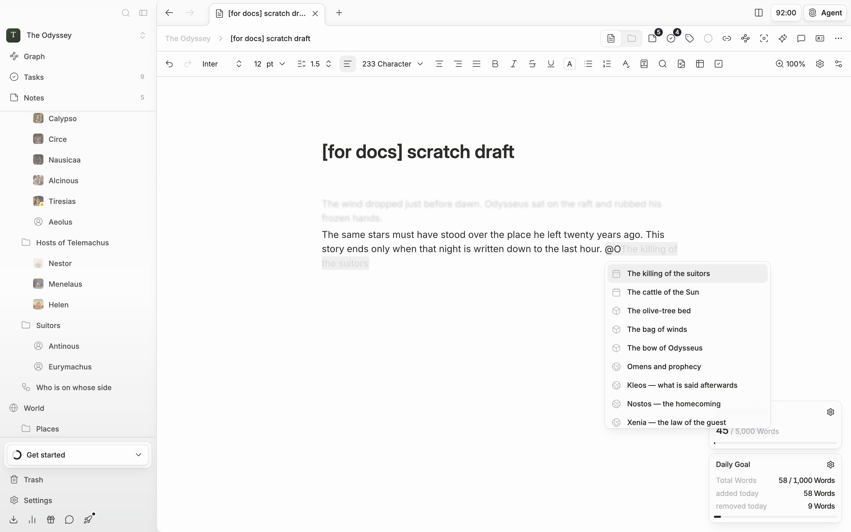 @ has been typed in the body so the file search popup is open, showing the sheet list narrowed by the character name together with the “Create new” group below it.