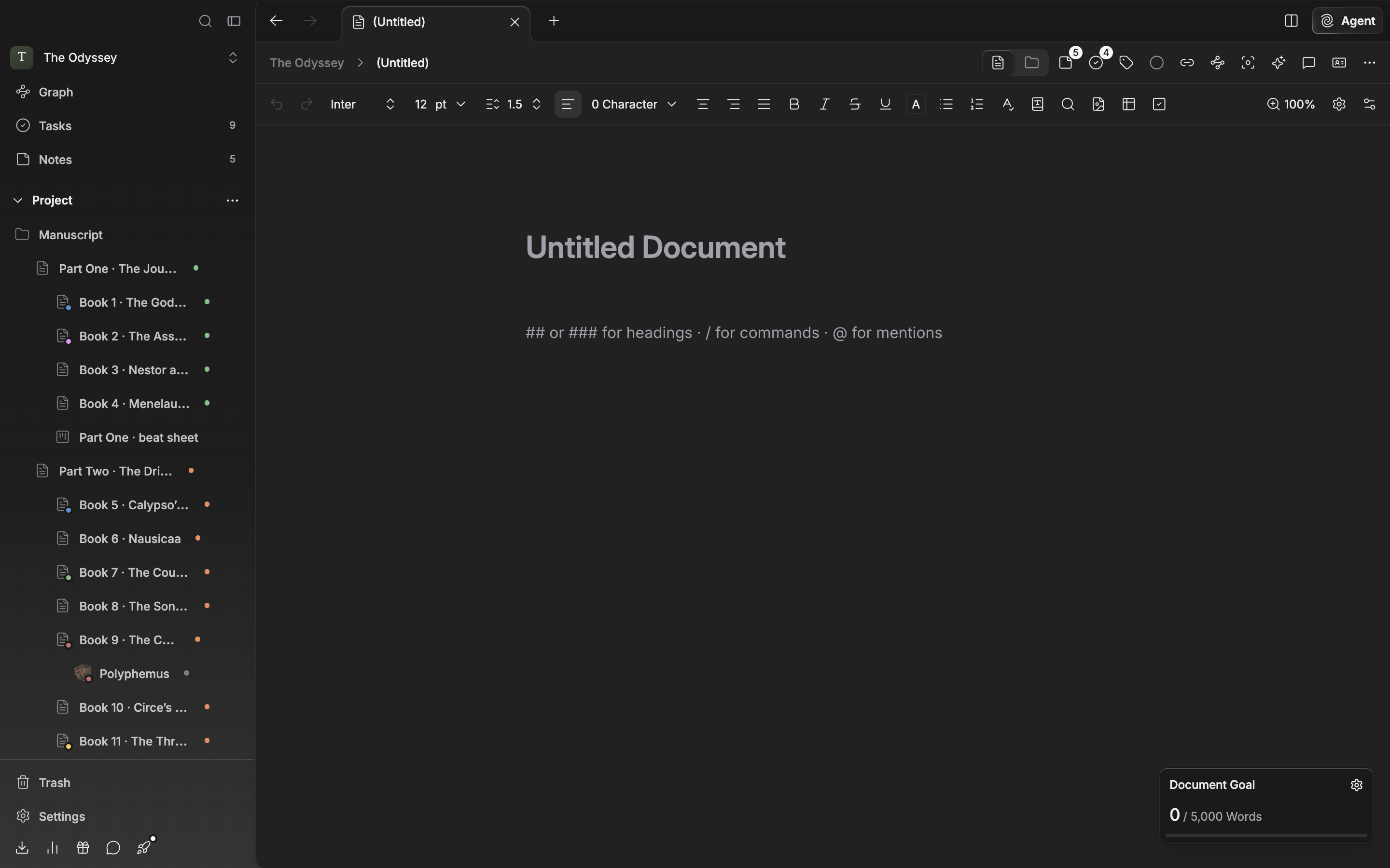 A blank document just made. The title field shows the “Untitled Document” placeholder faintly, the first body paragraph shows the “## or ### for headings · / for commands · @ for mentions” hint, and this document sits selected in the sidebar tree.