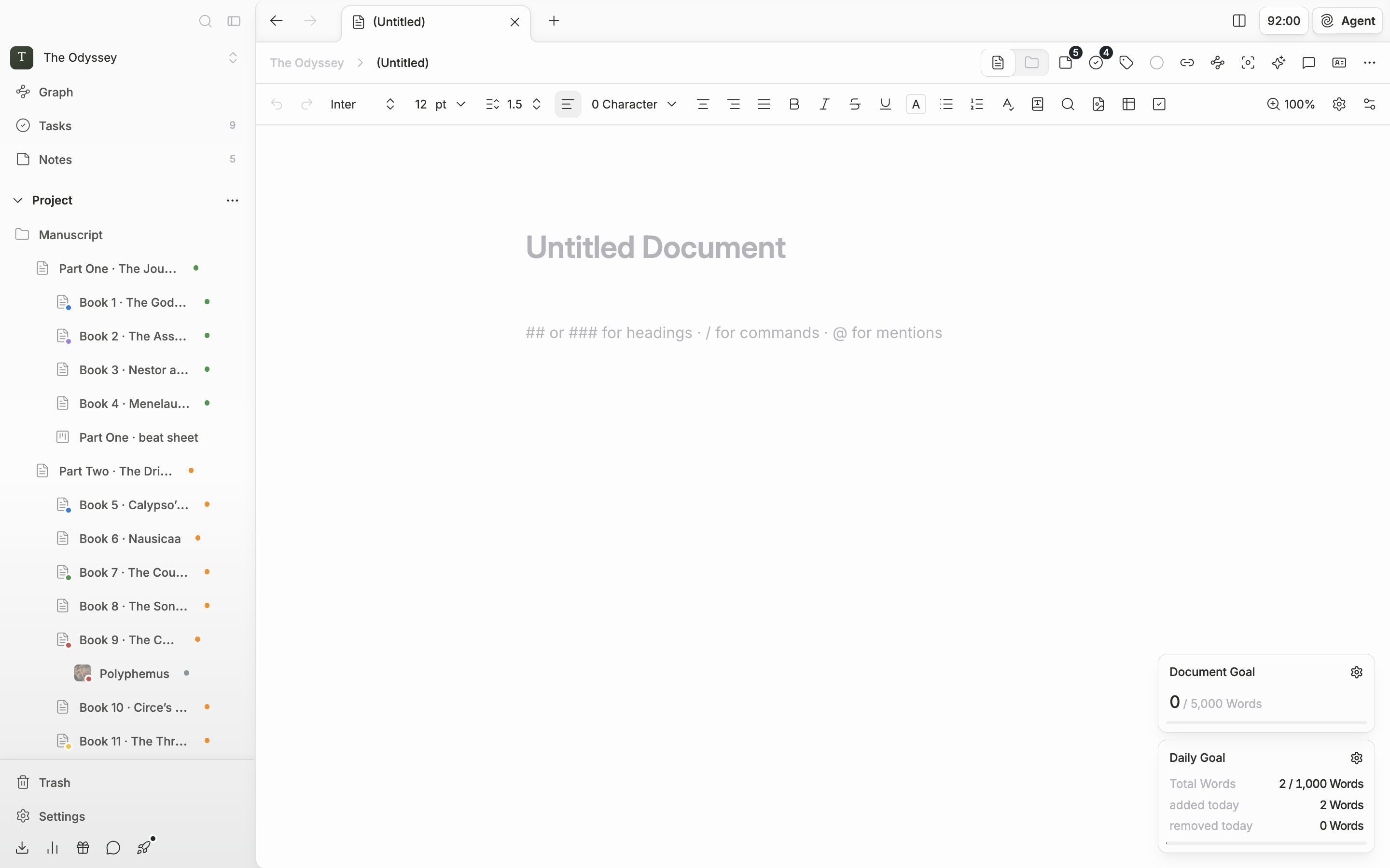 A blank document just made. The title field shows the “Untitled Document” placeholder faintly, the first body paragraph shows the “## or ### for headings · / for commands · @ for mentions” hint, and this document sits selected in the sidebar tree.