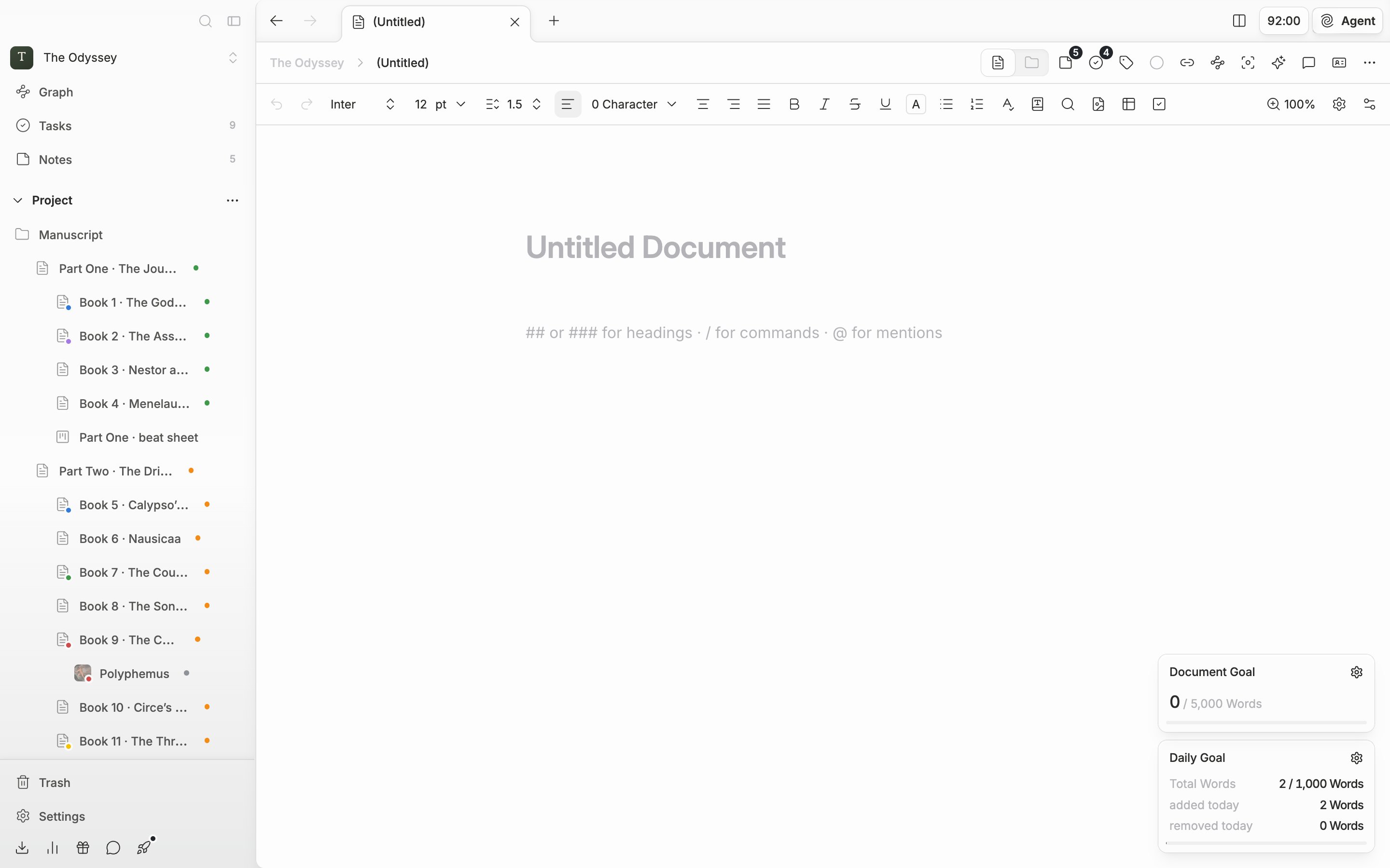 A blank document just made. The title field shows the “Untitled Document” placeholder faintly, the first body paragraph shows the “## or ### for headings · / for commands · @ for mentions” hint, and this document sits selected in the sidebar tree.