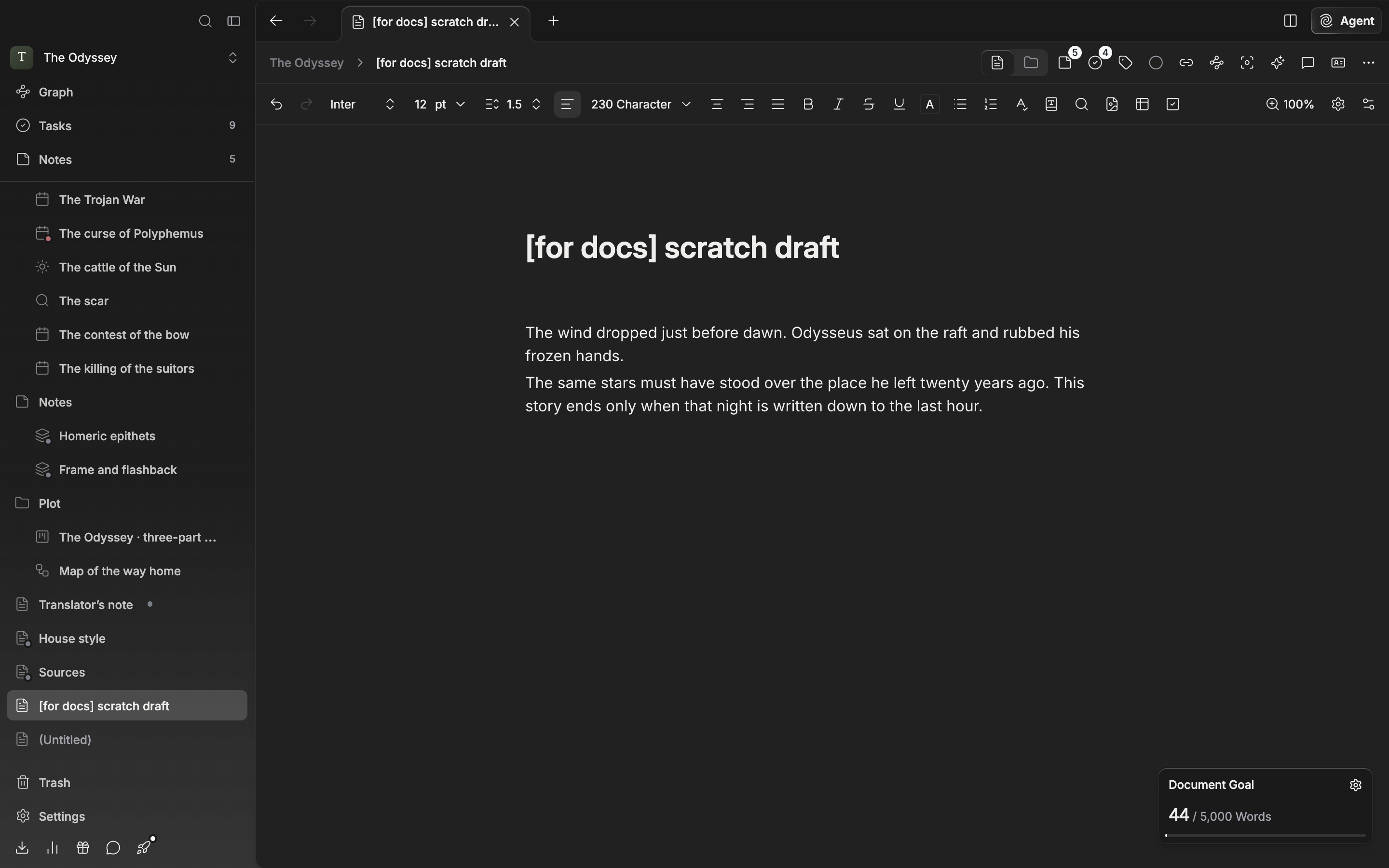 Just after typing one line of title and a couple of body paragraphs into the same blank document made in start-first-document-01. The count in the toolbar is not 0, and the file name in the sidebar tree has changed to the title just entered.