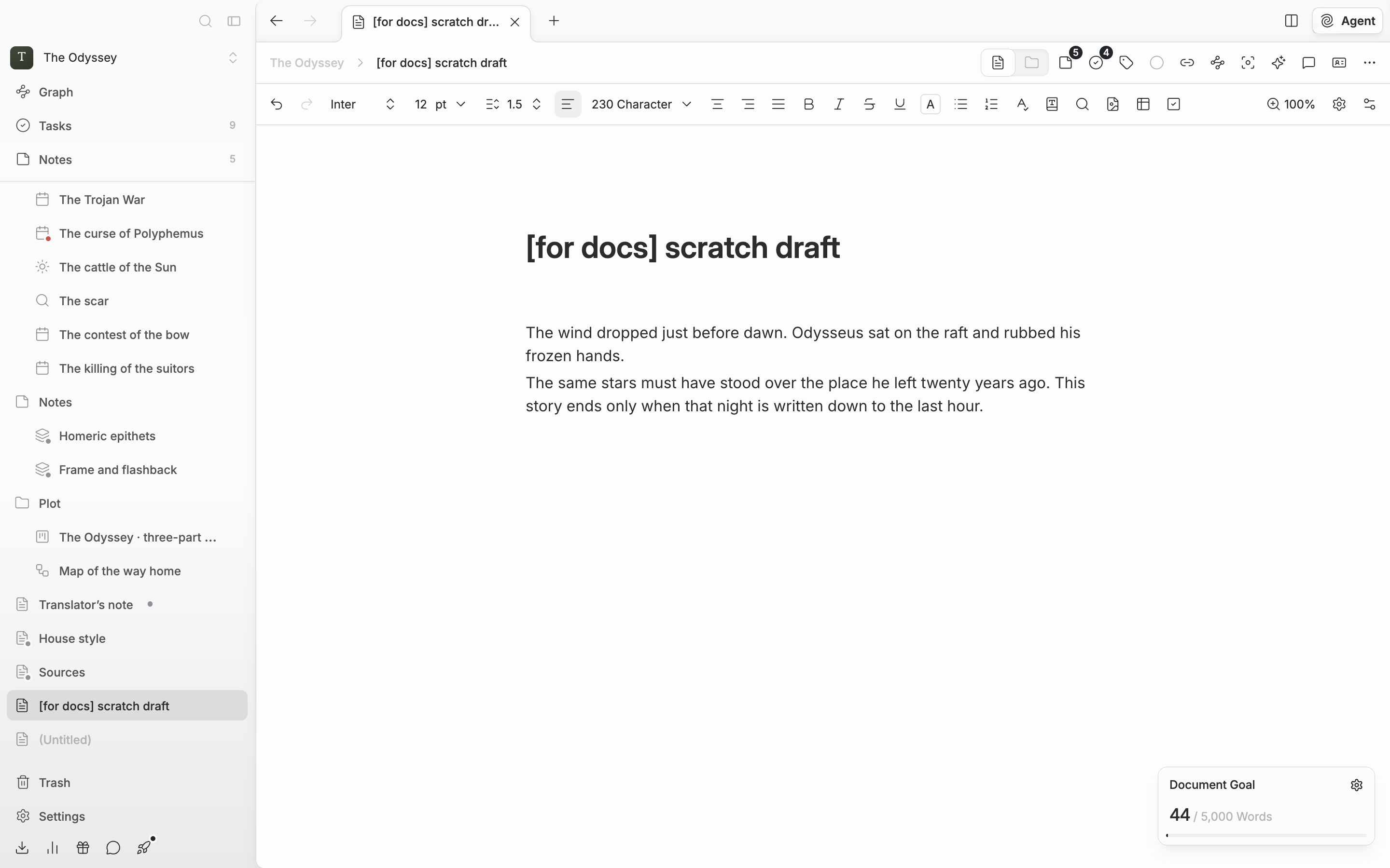 Just after typing one line of title and a couple of body paragraphs into the same blank document made in start-first-document-01. The count in the toolbar is not 0, and the file name in the sidebar tree has changed to the title just entered.