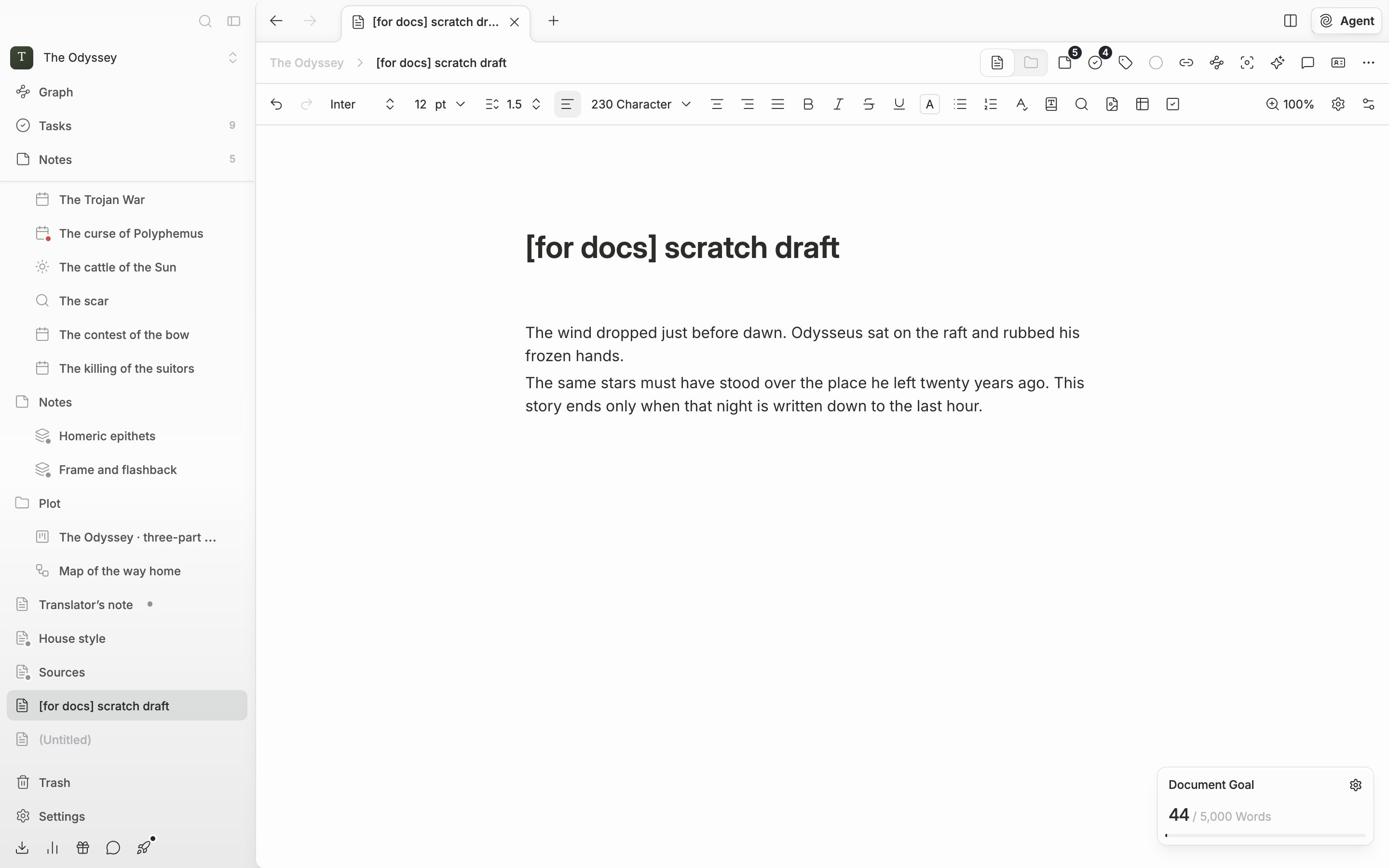 Just after typing one line of title and a couple of body paragraphs into the same blank document made in start-first-document-01. The count in the toolbar is not 0, and the file name in the sidebar tree has changed to the title just entered.