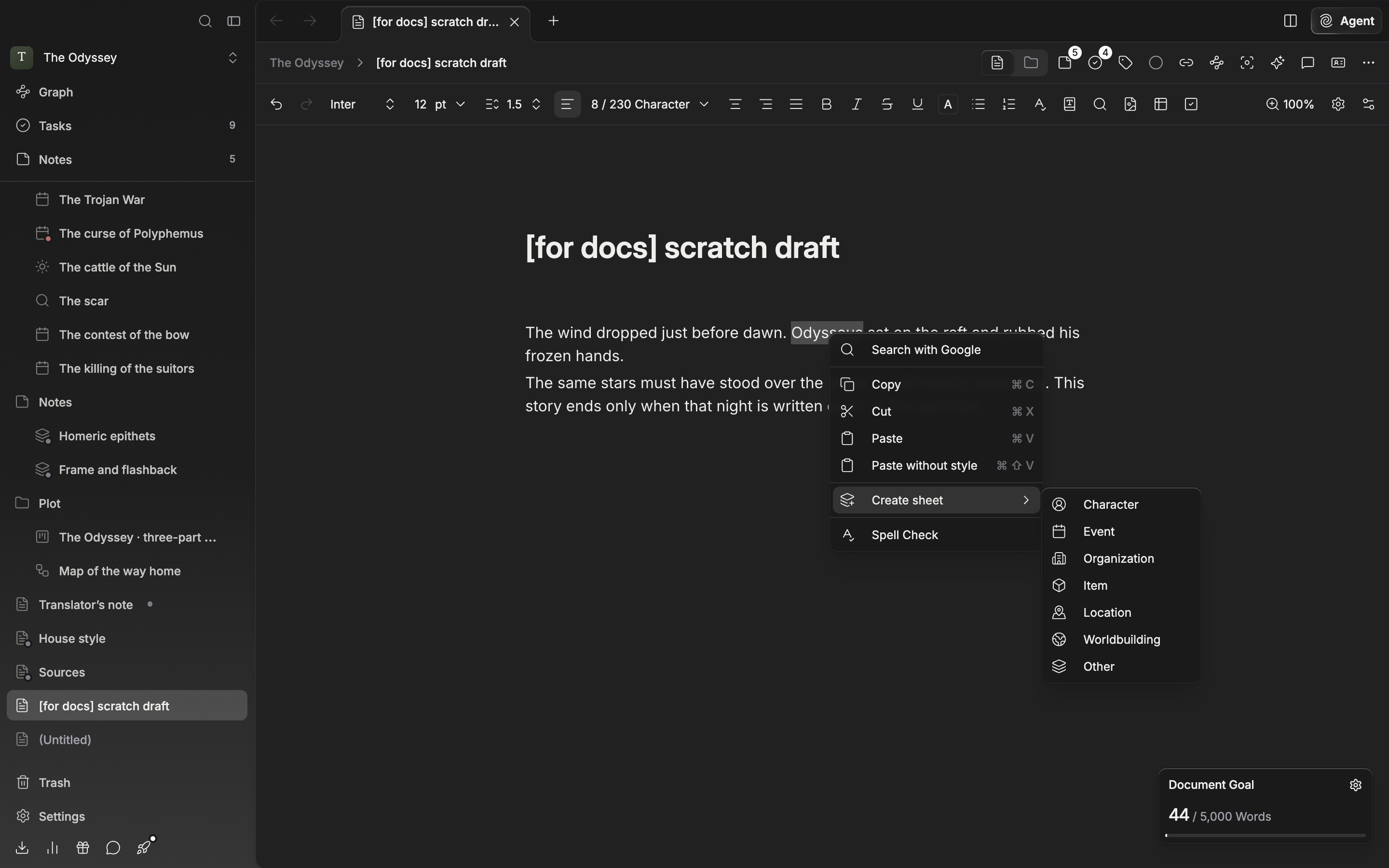 The right-click menu is open with a character name selected in the body, and the “Create sheet” submenu shows Character, Event, Organization, Item, Location, Worldbuilding, and Other.