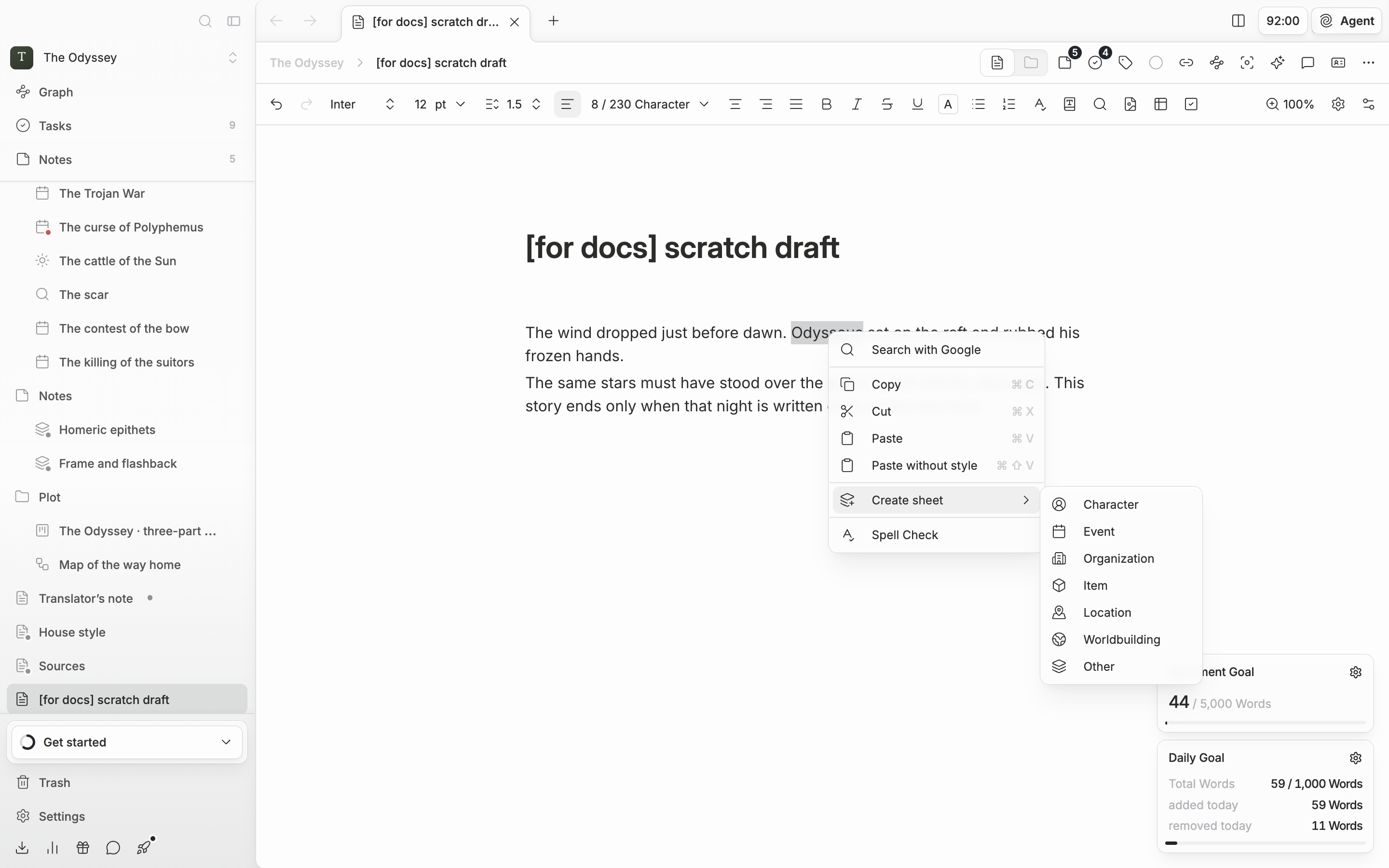 The right-click menu is open with a character name selected in the body, and the “Create sheet” submenu shows Character, Event, Organization, Item, Location, Worldbuilding, and Other.
