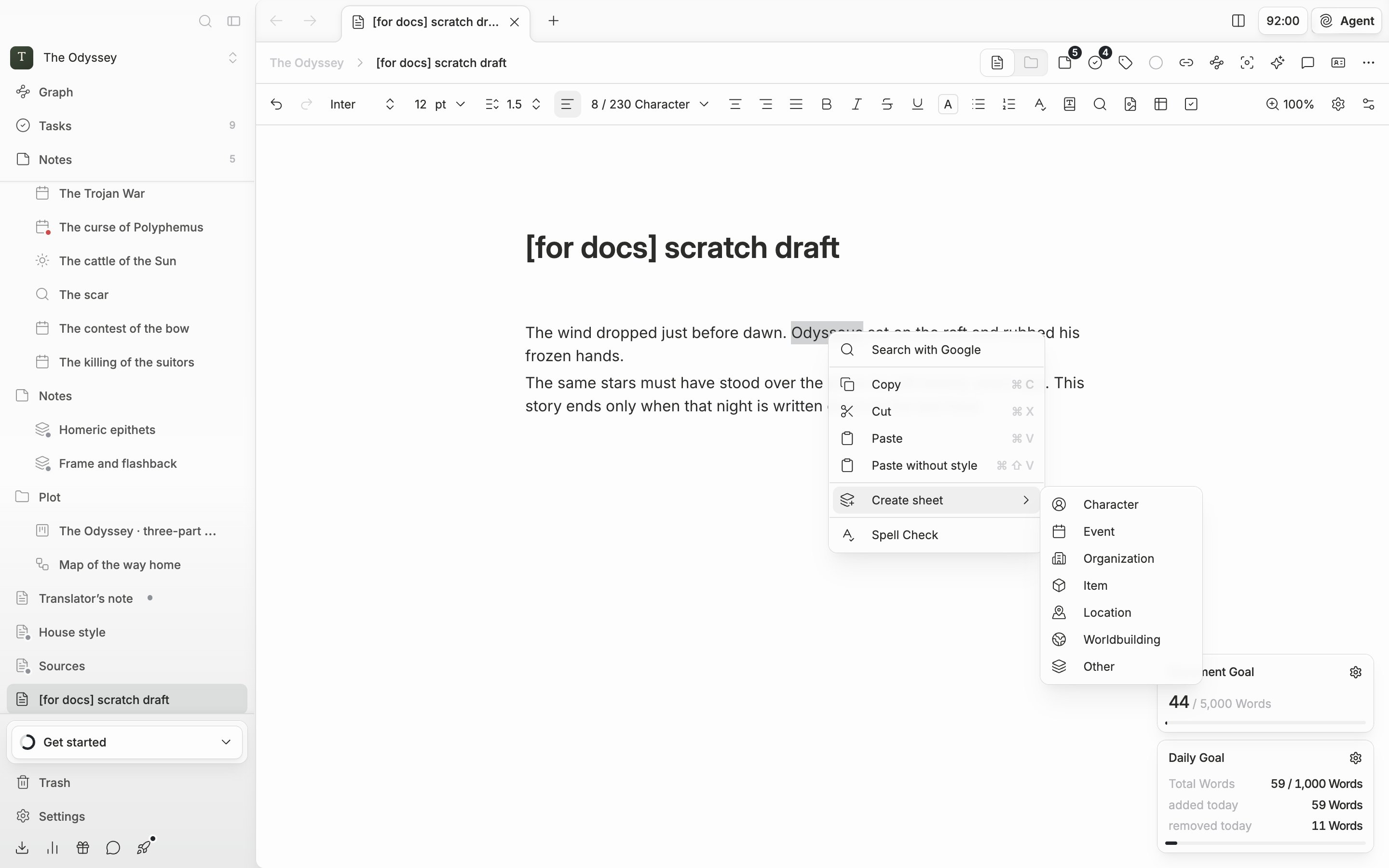 The right-click menu is open with a character name selected in the body, and the âCreate sheetâ submenu shows Character, Event, Organization, Item, Location, Worldbuilding, and Other.