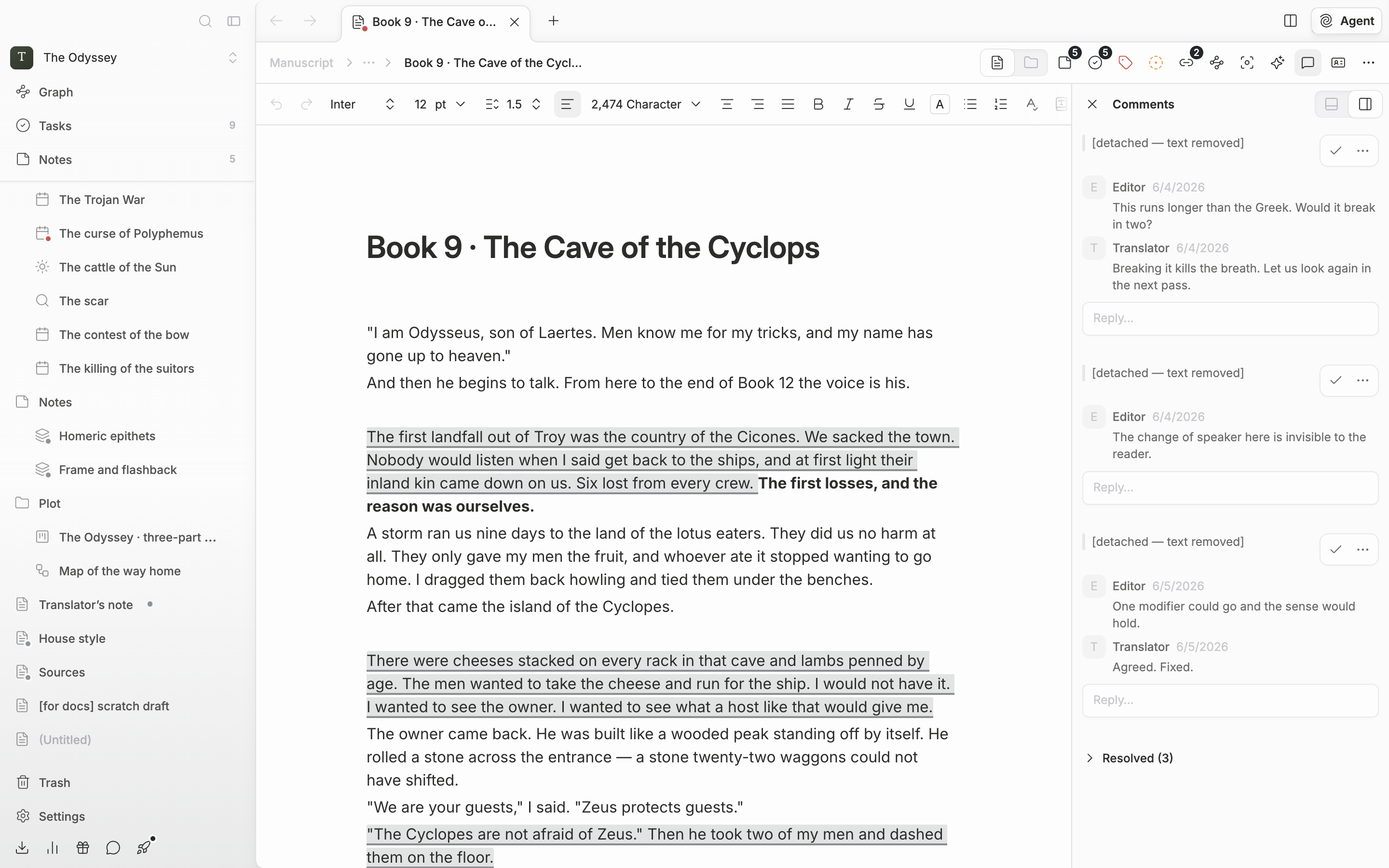 A comment mark on one paragraph of the body, with two or three cards open in the Comments panel on the right. Each card shows the quoted passage, the author, and a relative time.