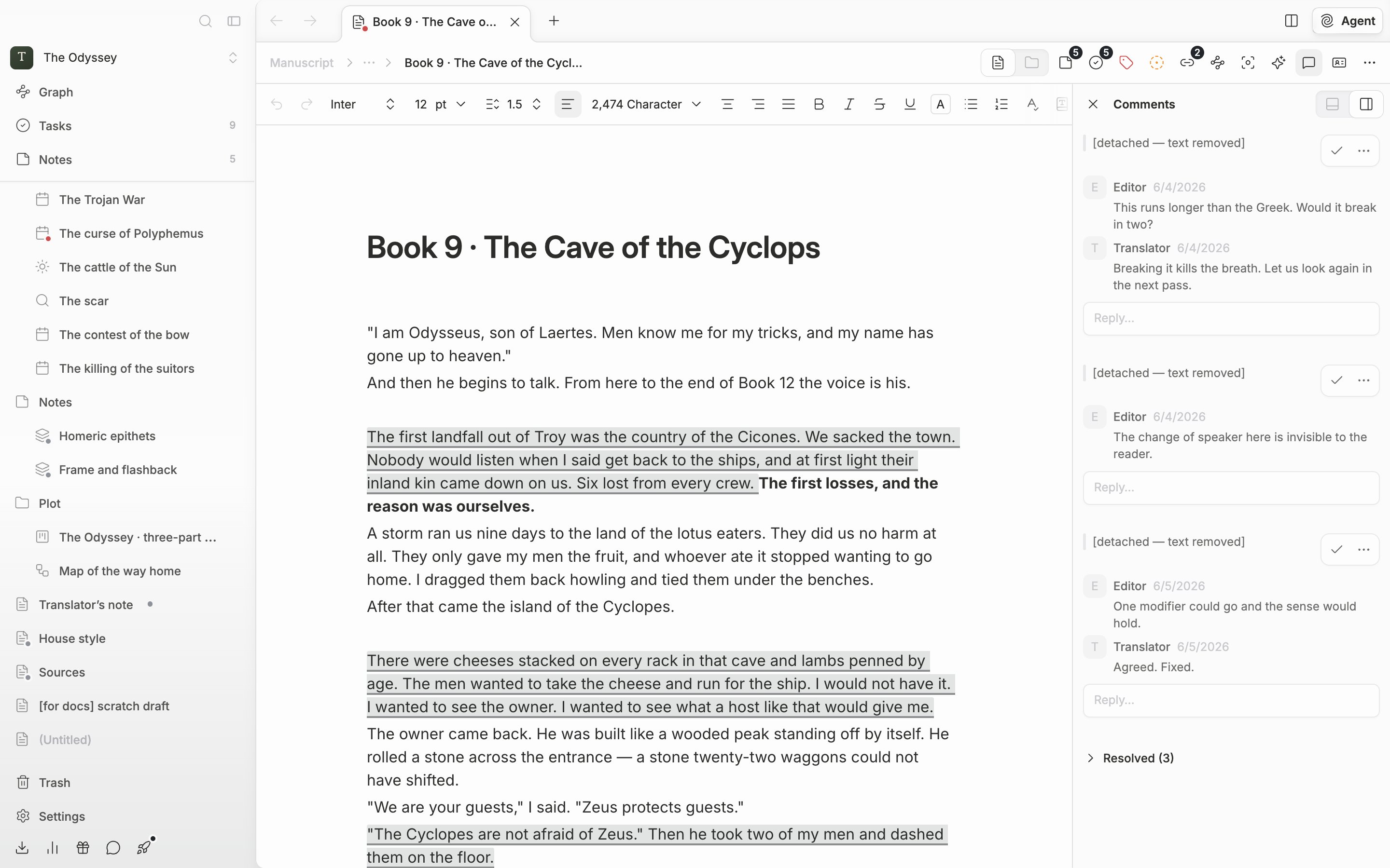 A comment mark on one paragraph of the body, with two or three cards open in the Comments panel on the right. Each card shows the quoted passage, the author, and a relative time.