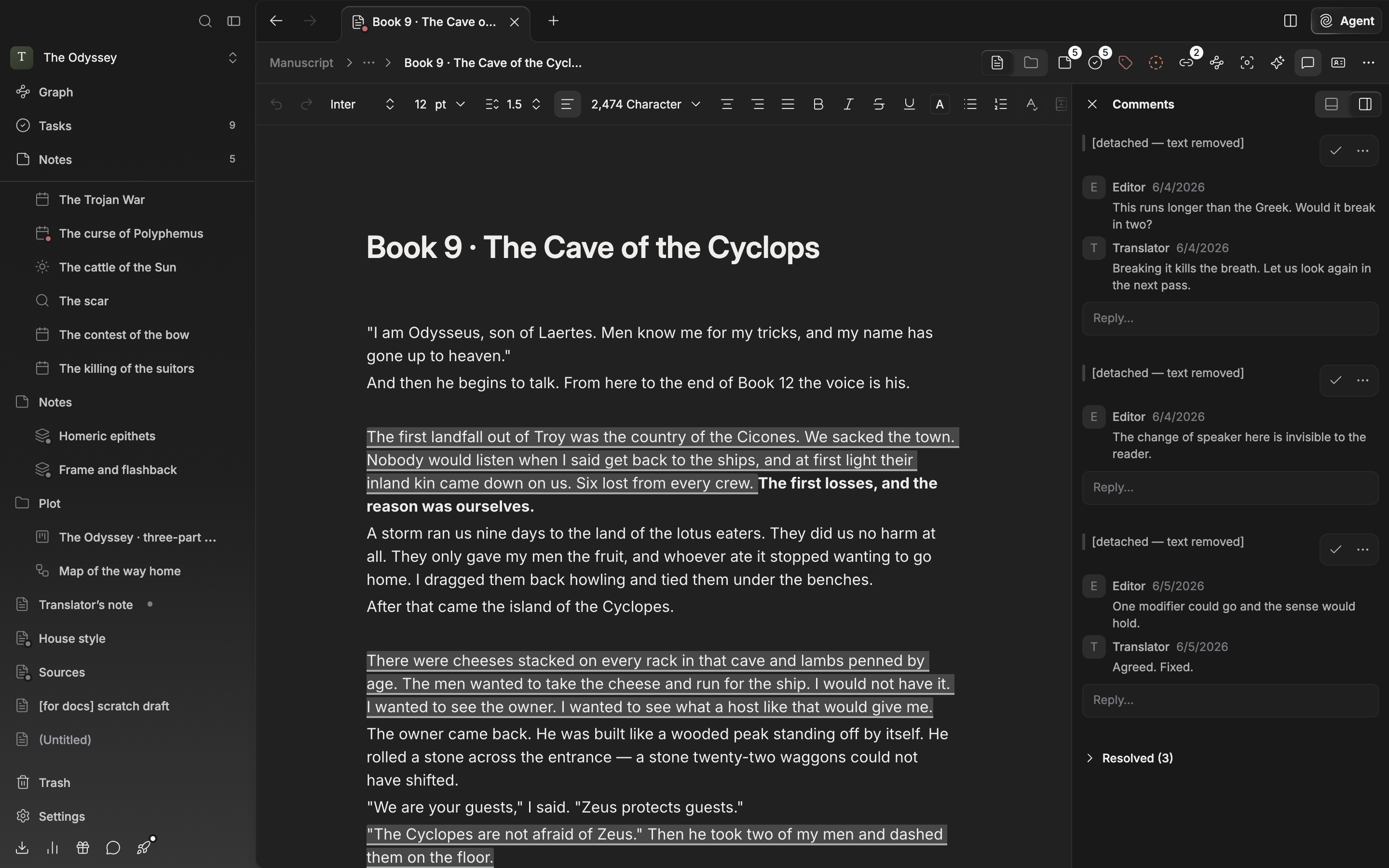 The lower part of the Comments panel. A card marked [detached — text removed] sits at the bottom of the open list, with the collapsed “Resolved (3)” group below it.