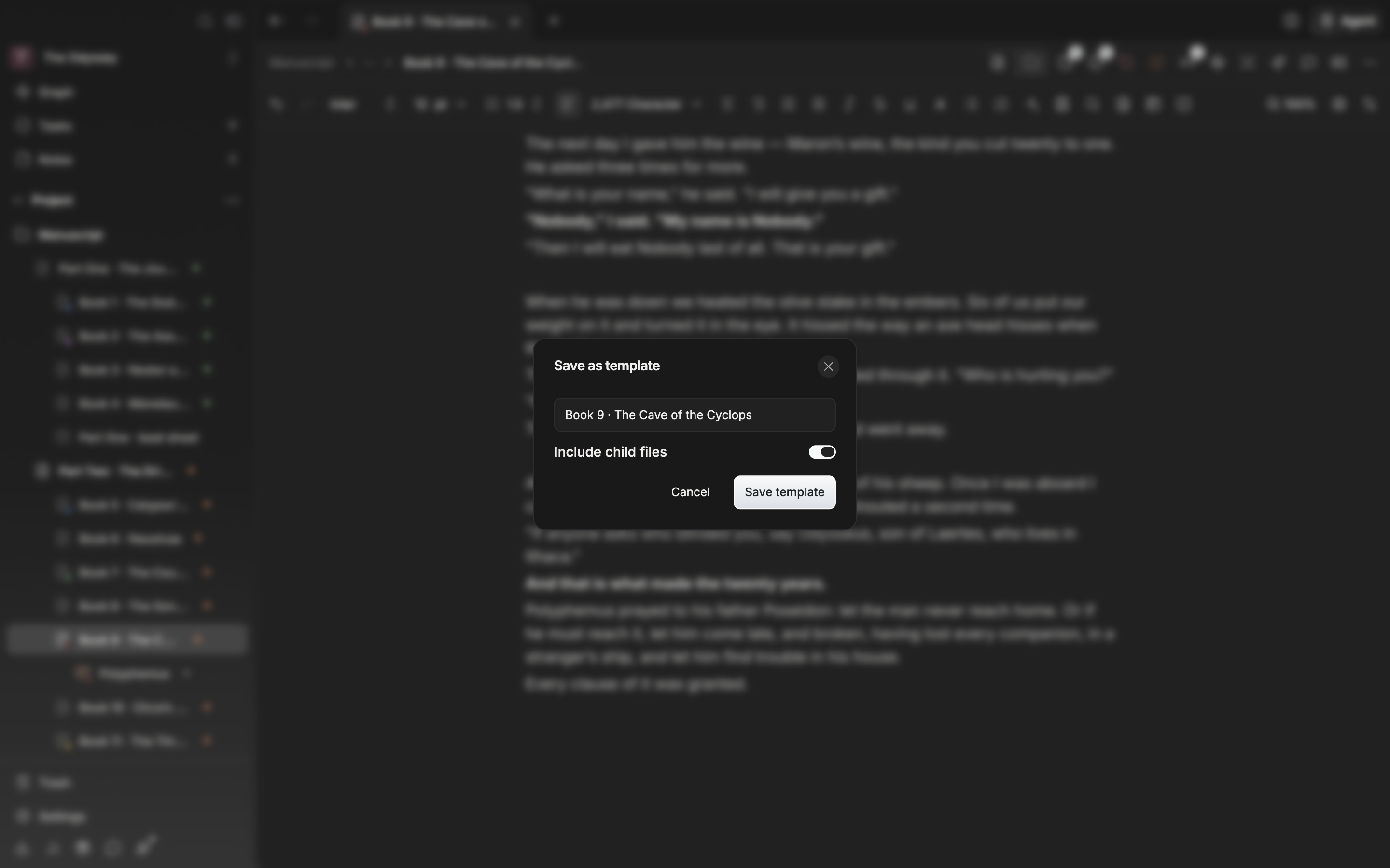 “Save as template” has been picked from the More menu in the document header, the save dialog is open, and a template name has been typed into the name field.
