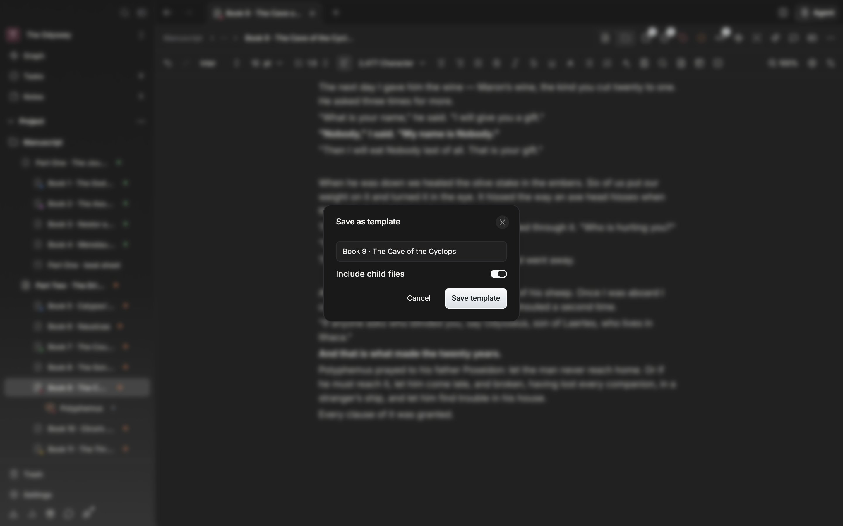 “Save as template” has been picked from the More menu in the document header, the save dialog is open, and a template name has been typed into the name field.