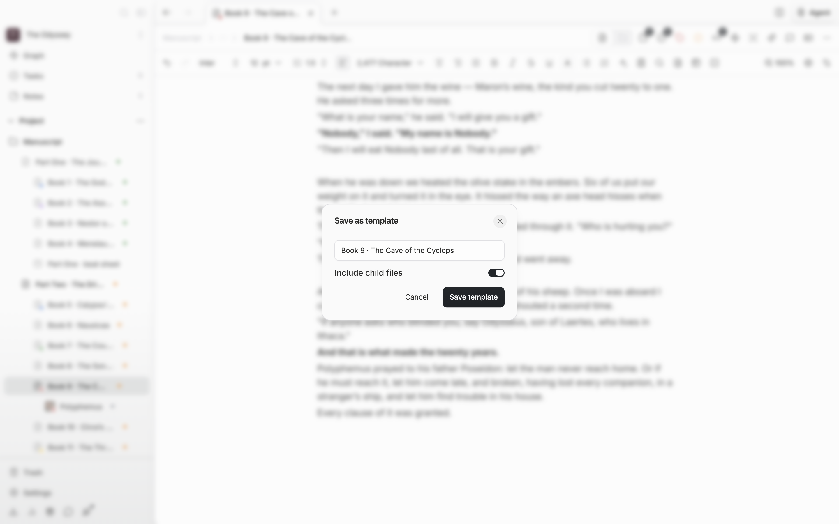 “Save as template” has been picked from the More menu in the document header, the save dialog is open, and a template name has been typed into the name field.