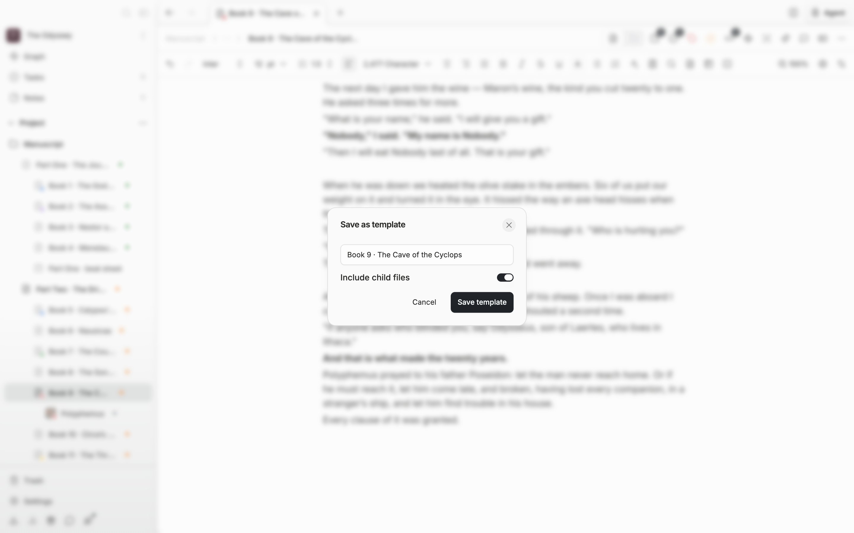 “Save as template” has been picked from the More menu in the document header, the save dialog is open, and a template name has been typed into the name field.