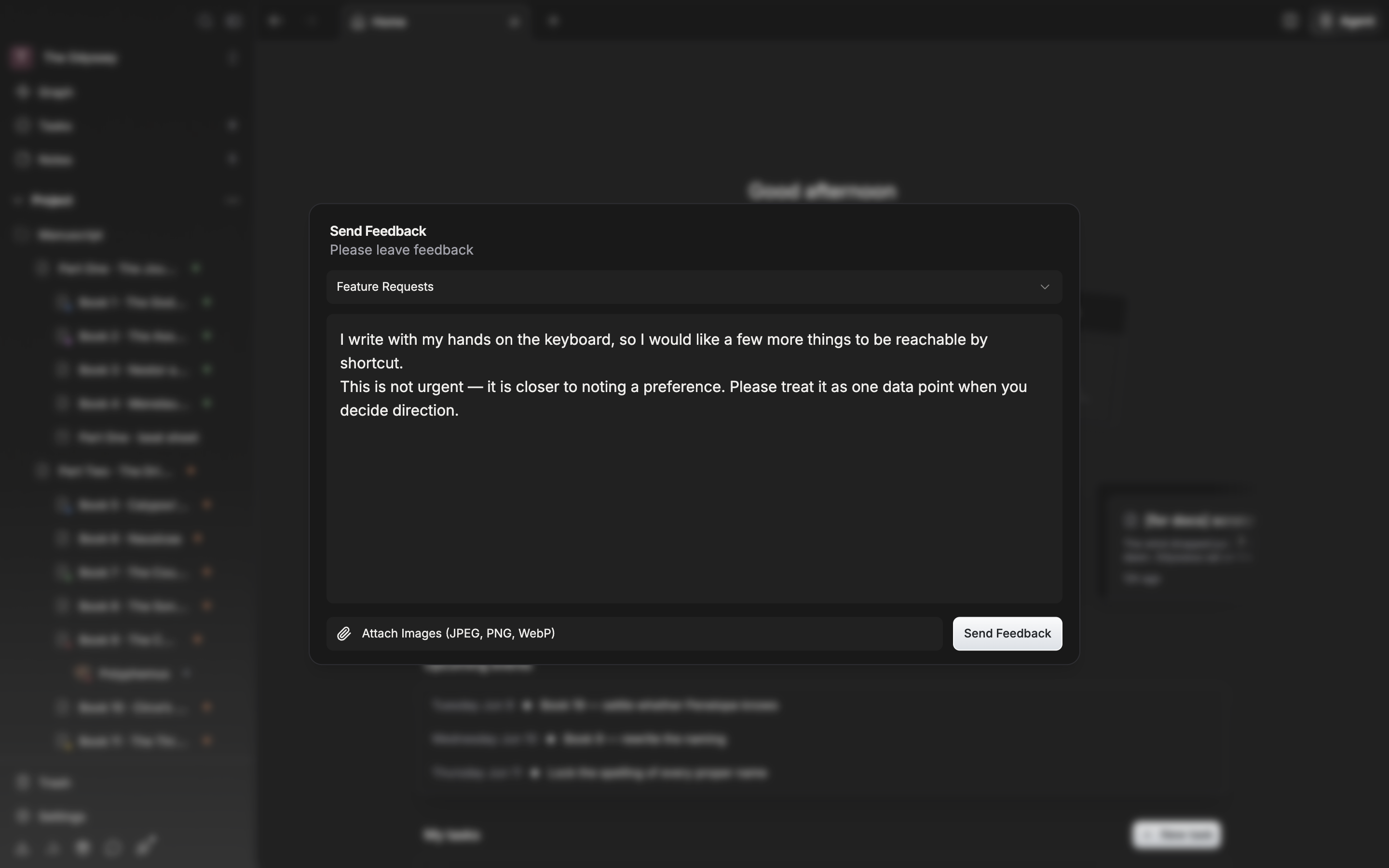 The category is set to “Feature Requests” with a couple of lines written in the body box, and the “Attach Images (JPEG, PNG, WebP)” row and the “Send Feedback” button both visible below.