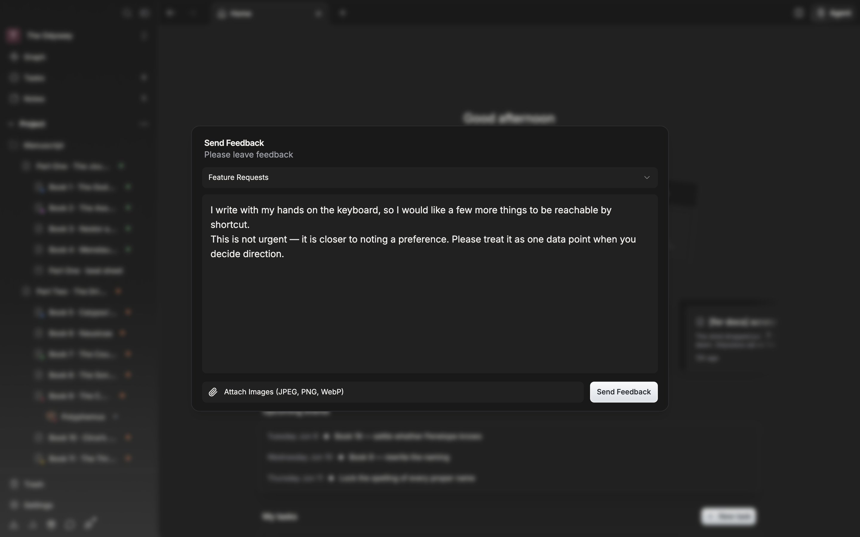 The category is set to “Feature Requests” with a couple of lines written in the body box, and the “Attach Images (JPEG, PNG, WebP)” row and the “Send Feedback” button both visible below.