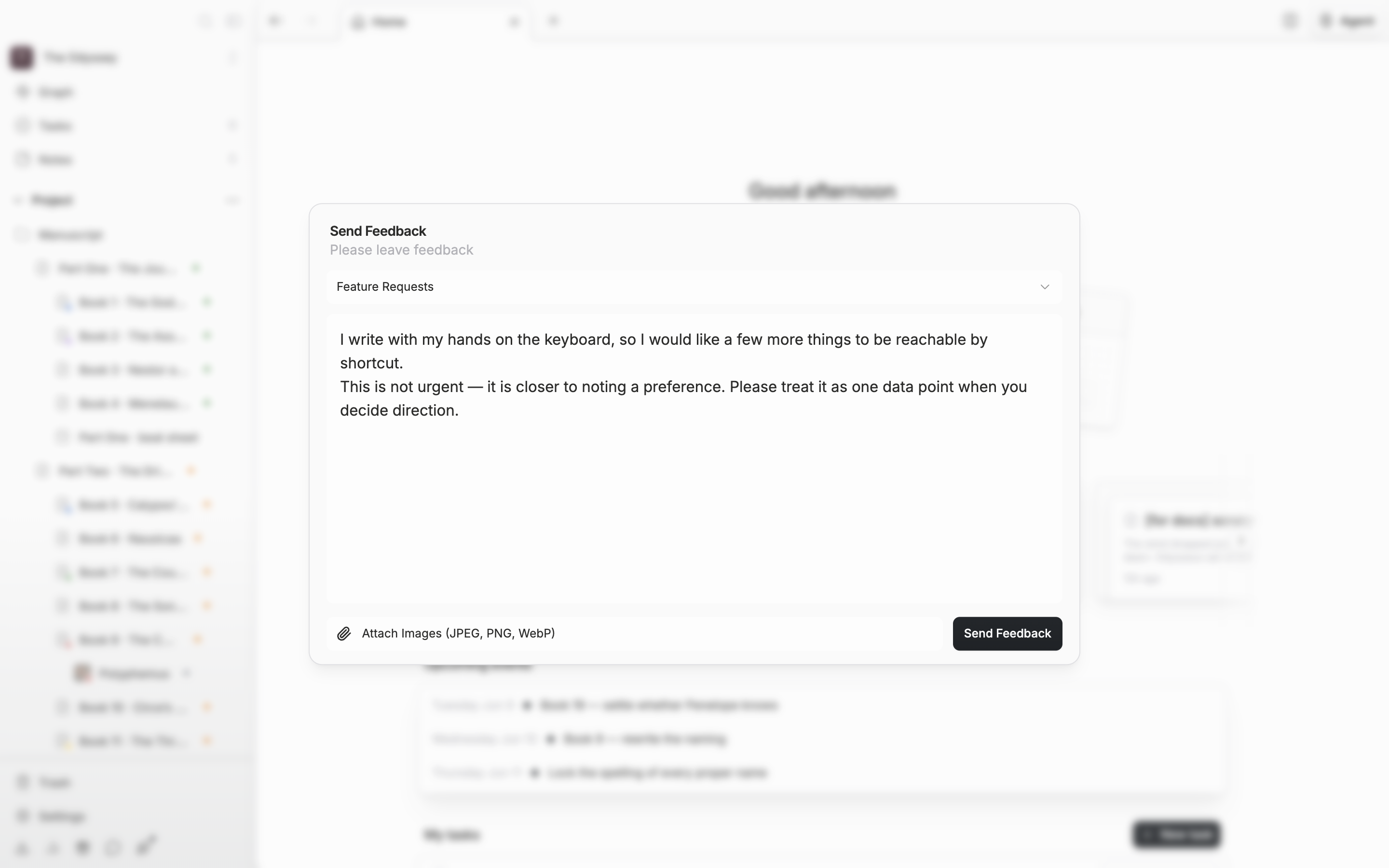 The category is set to “Feature Requests” with a couple of lines written in the body box, and the “Attach Images (JPEG, PNG, WebP)” row and the “Send Feedback” button both visible below.
