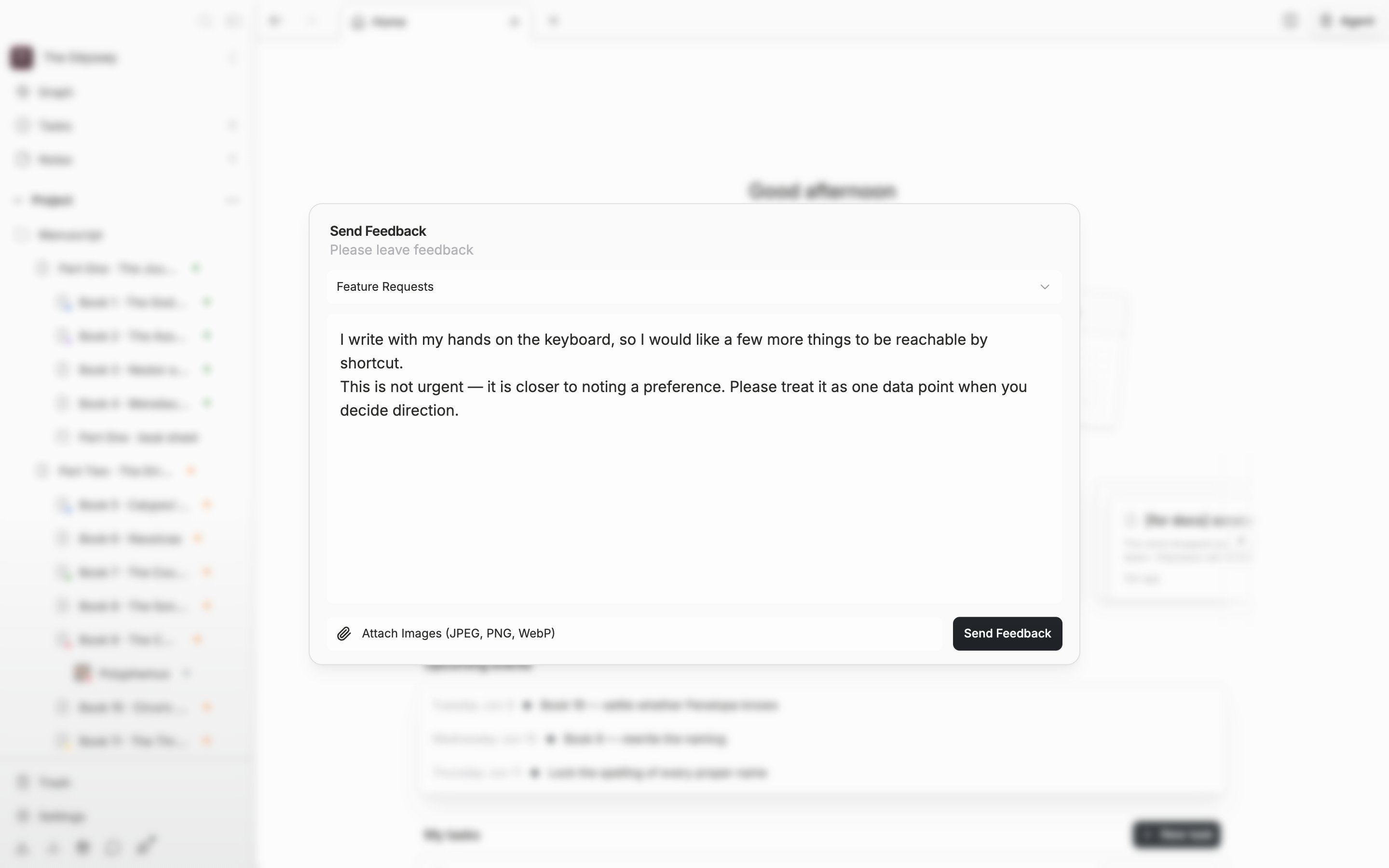 The category is set to “Feature Requests” with a couple of lines written in the body box, and the “Attach Images (JPEG, PNG, WebP)” row and the “Send Feedback” button both visible below.