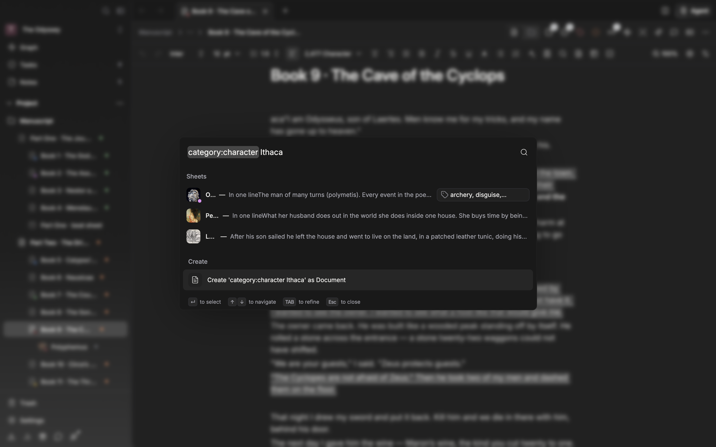 The search window is open with `category:character wolf` typed into the input and the results in. Only sheets remain in the results, with no documents or folders mixed in.