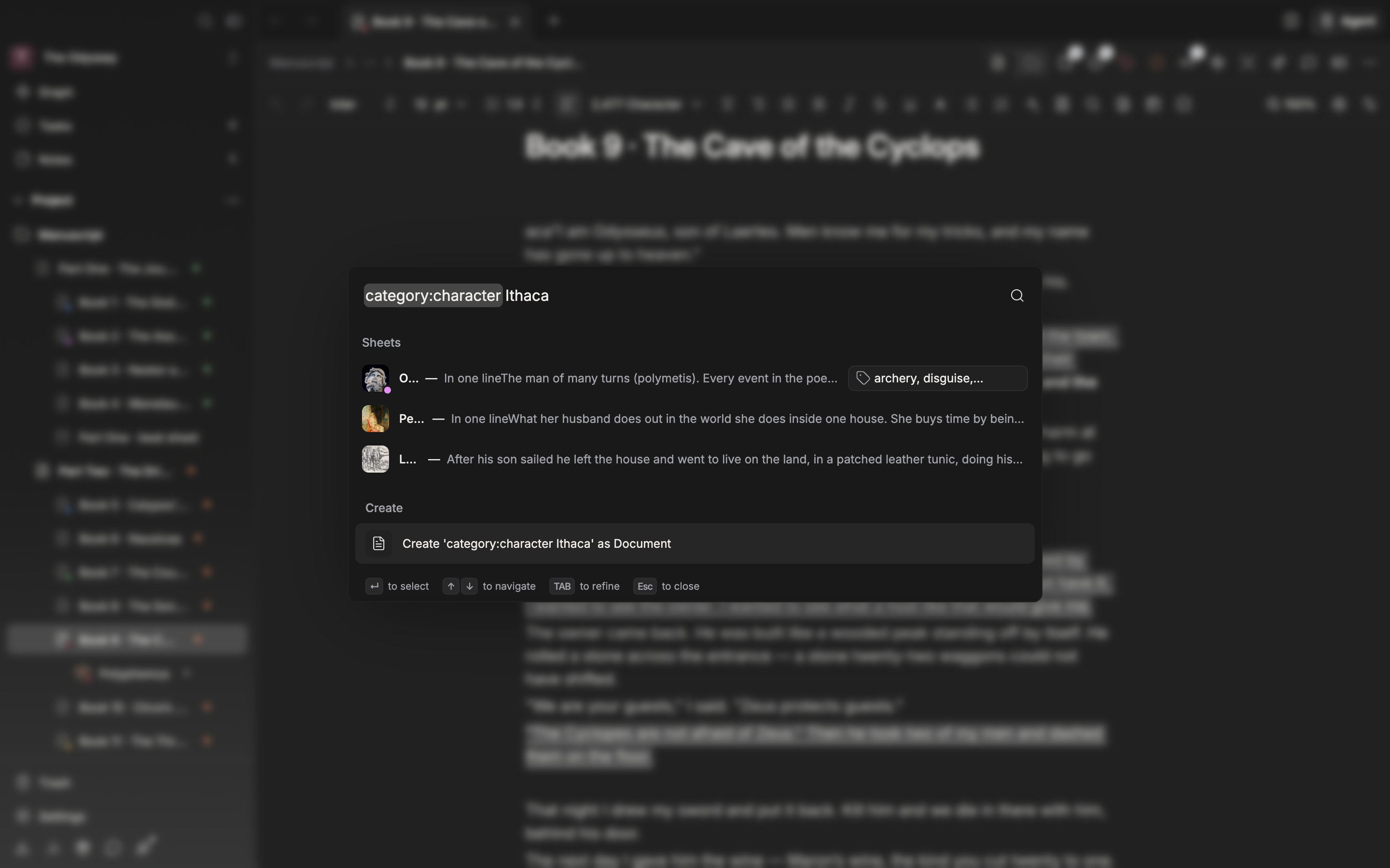The search window is open with `category:character wolf` typed into the input and the results in. Only sheets remain in the results, with no documents or folders mixed in.