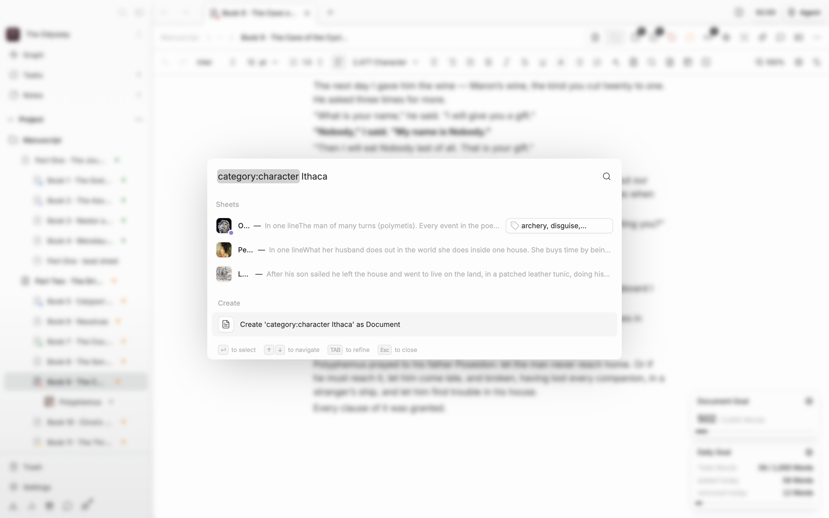 The search window is open with `category:character wolf` typed into the input and the results in. Only sheets remain in the results, with no documents or folders mixed in.