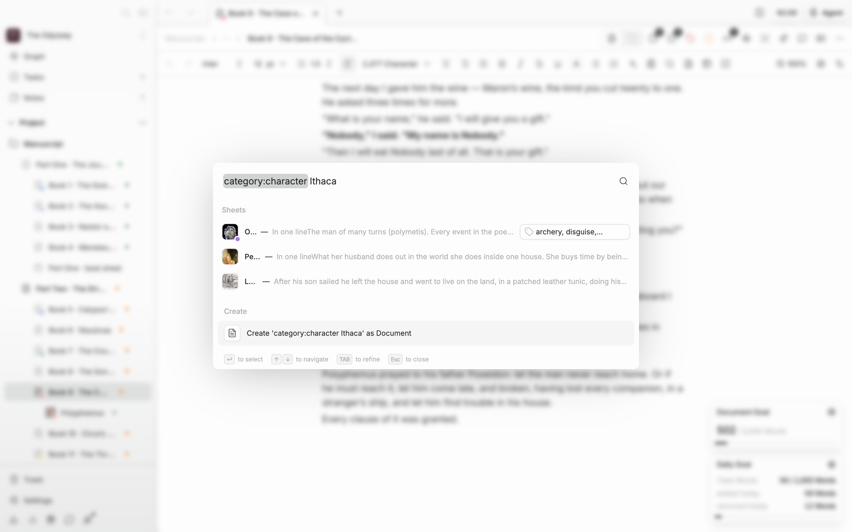 The search window is open with `category:character wolf` typed into the input and the results in. Only sheets remain in the results, with no documents or folders mixed in.