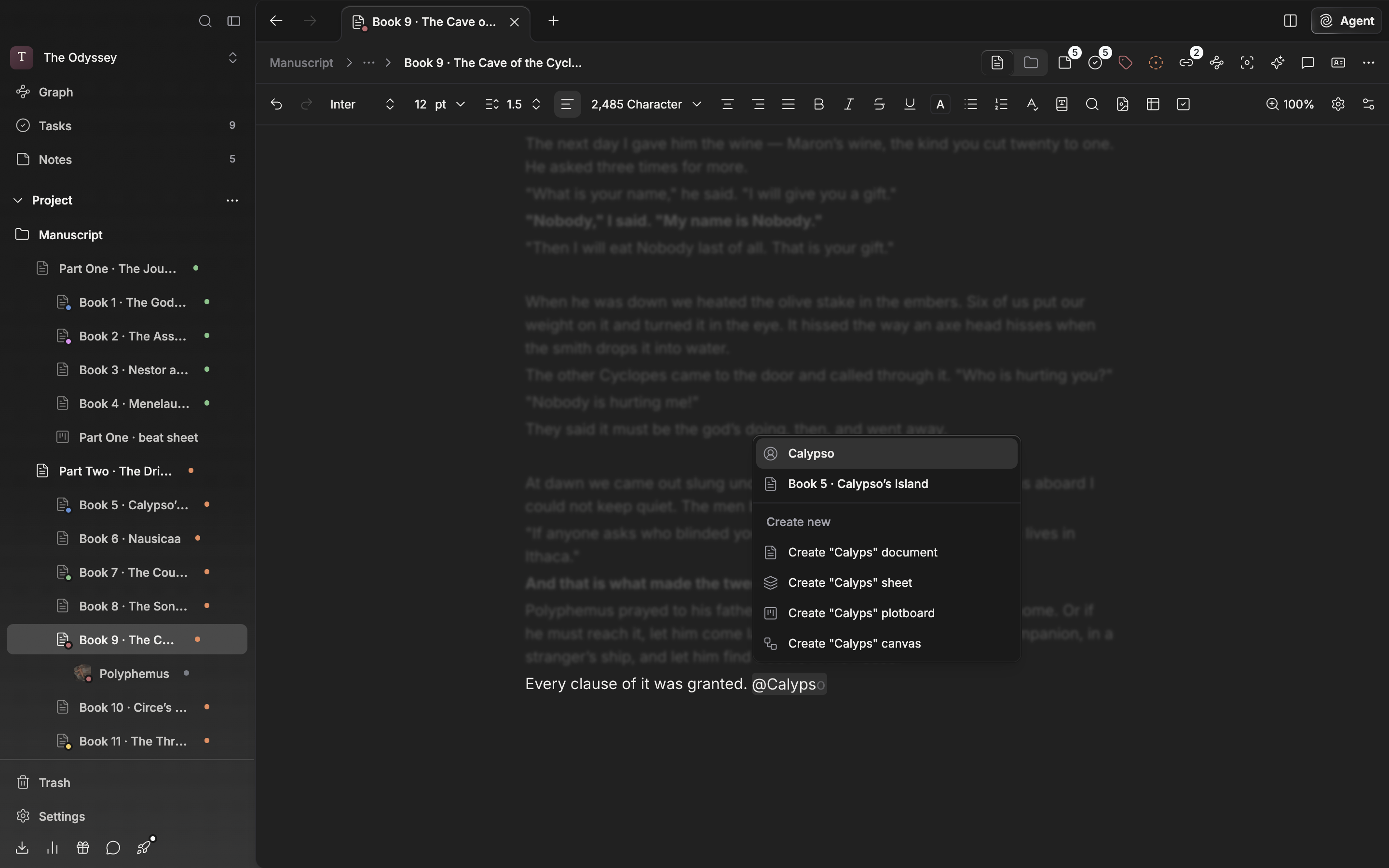 `@Ella` has been typed into the body and the mention suggestion popup is open. Two or three existing files are matched at the top (including one with a sheet portrait), and below them the “Create new” divider and the four document, sheet, plotboard, and canvas rows are not cut off. The first entry is selected.