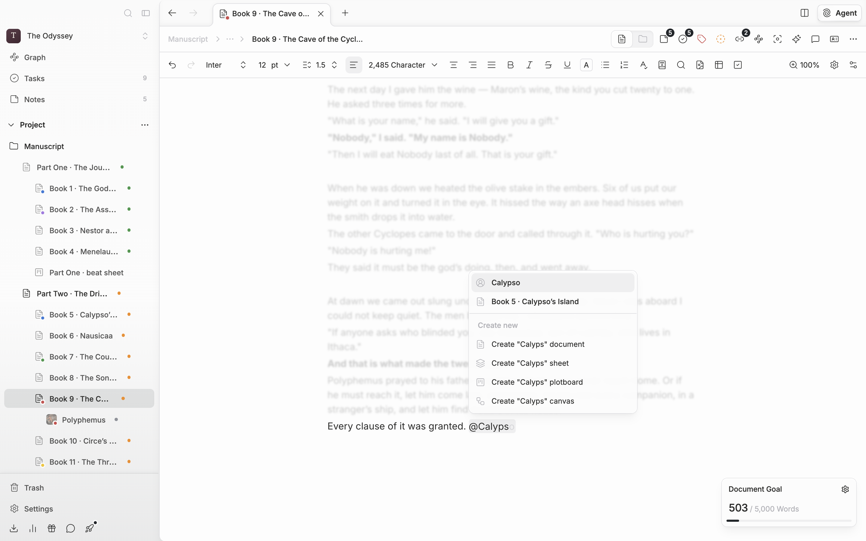 `@Ella` has been typed into the body and the mention suggestion popup is open. Two or three existing files are matched at the top (including one with a sheet portrait), and below them the “Create new” divider and the four document, sheet, plotboard, and canvas rows are not cut off. The first entry is selected.