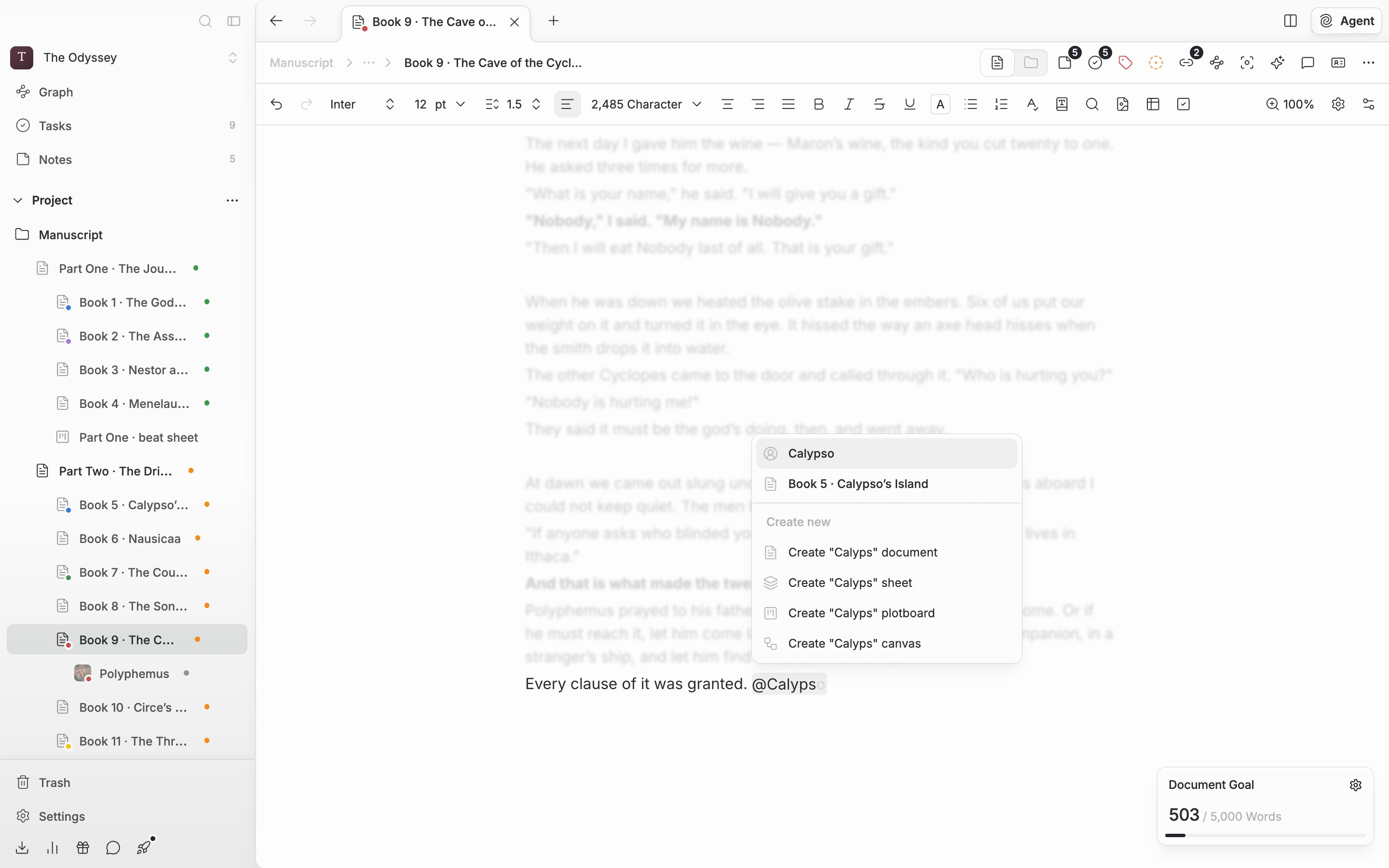`@Ella` has been typed into the body and the mention suggestion popup is open. Two or three existing files are matched at the top (including one with a sheet portrait), and below them the “Create new” divider and the four document, sheet, plotboard, and canvas rows are not cut off. The first entry is selected.