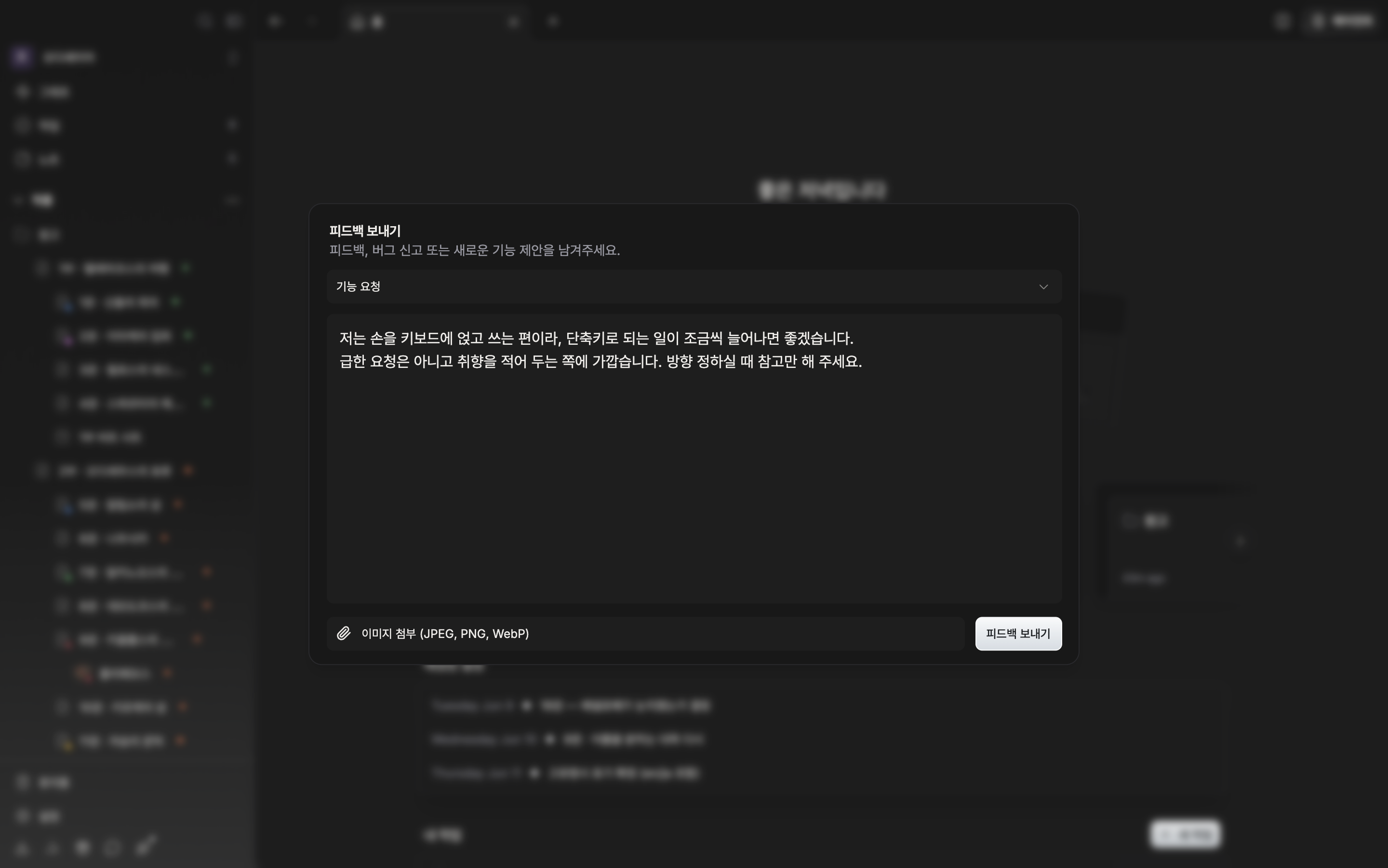 카테고리를 “기능 요청”으로 골라 둔 채 본문 칸에 두어 줄이 적혀 있으며, 아래에 “이미지 첨부 (JPEG, PNG, WebP)” 줄과 “피드백 보내기” 단추가 함께 보이는 상태.